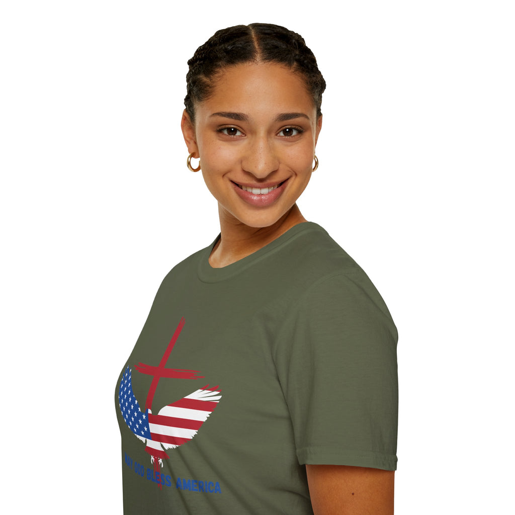 Patriotic Eagle T-Shirt — "May God Bless America" Flag Cross Graphic