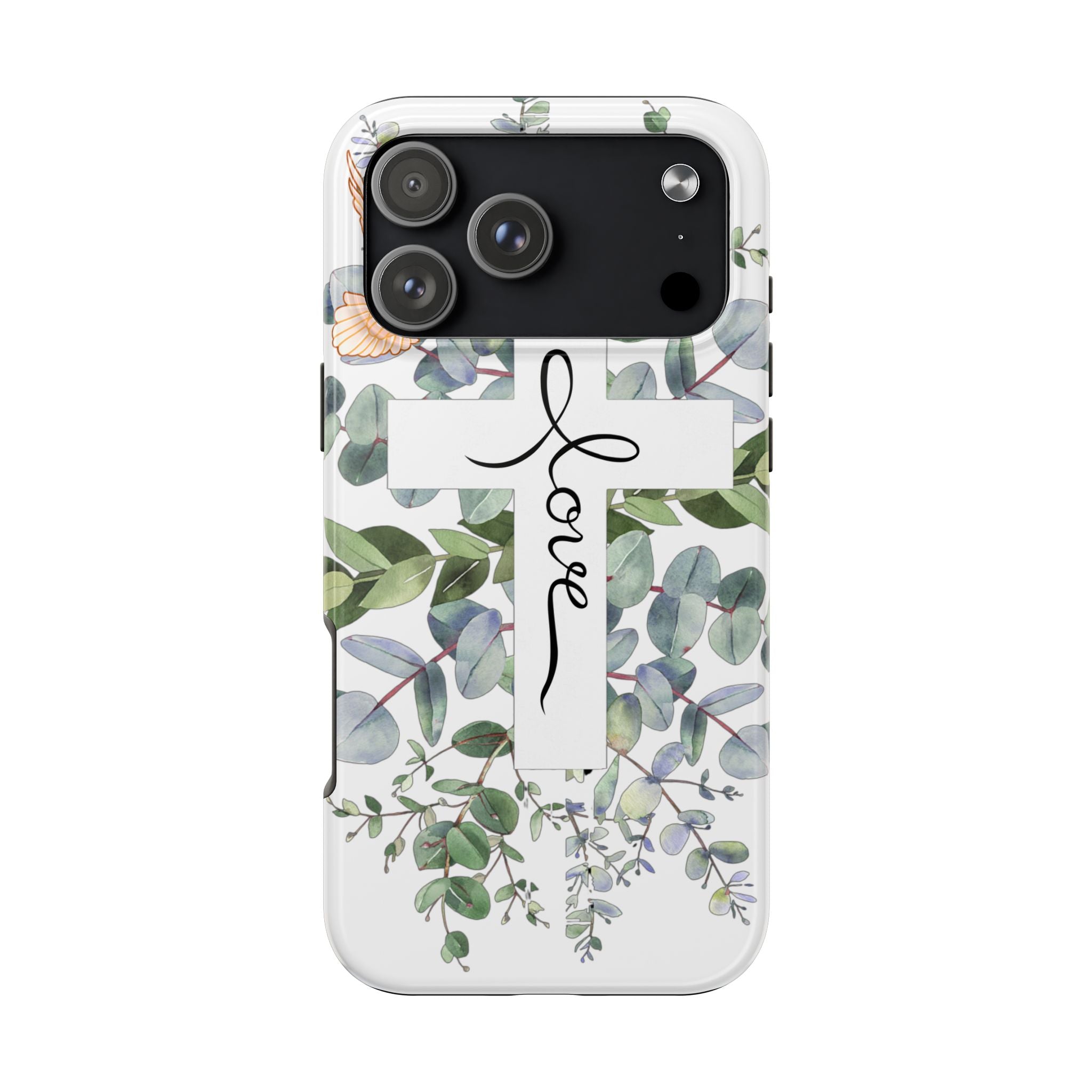 Religious Cross Tough Phone Case — Eucalyptus Floral "Love" Design
