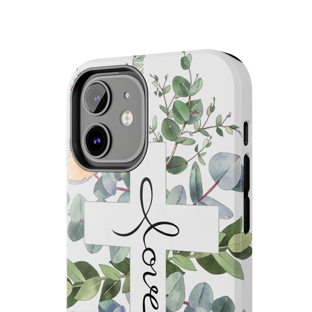Religious Cross Tough Phone Case — Eucalyptus Floral "Love" Design