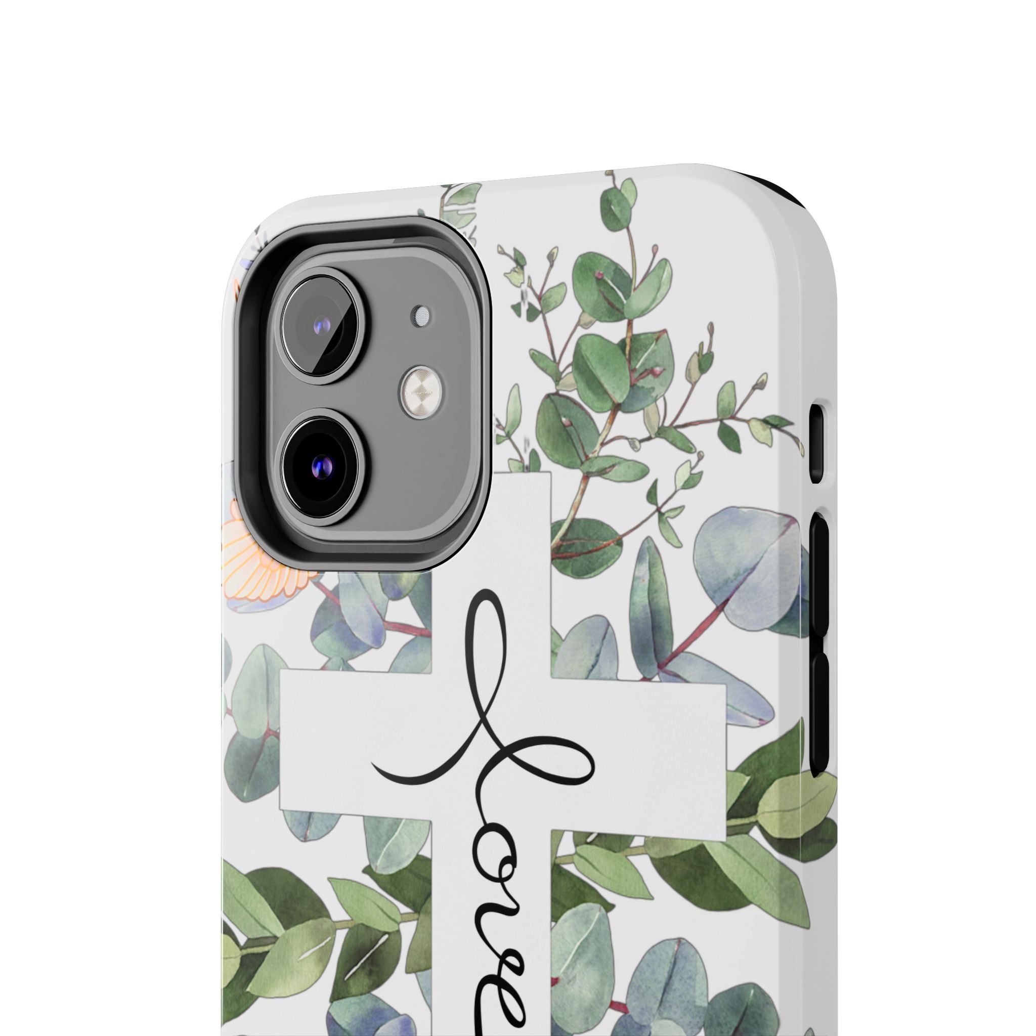 Religious Cross Tough Phone Case — Eucalyptus Floral "Love" Design