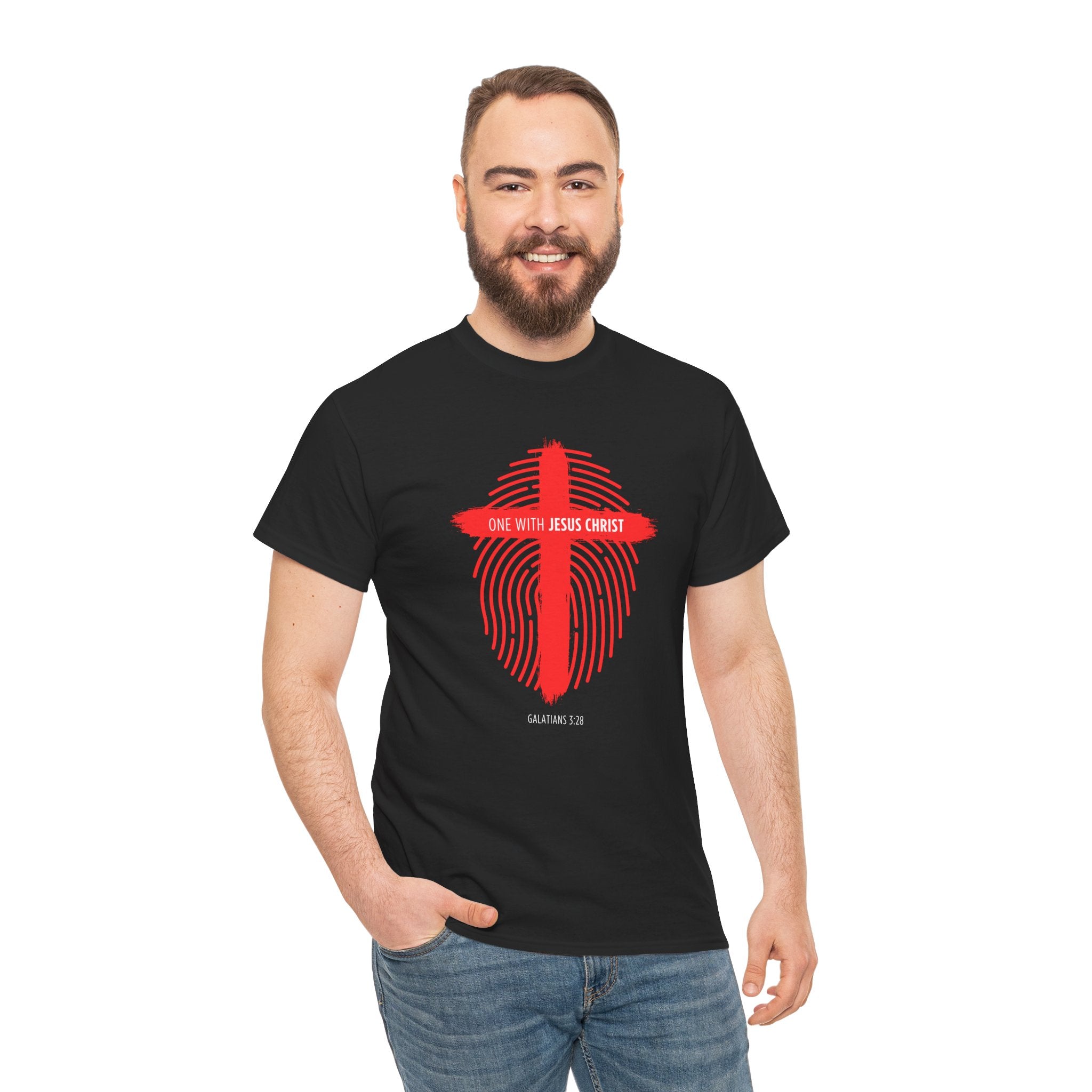 Christian T‑Shirt — "One with Jesus Christ" Red Cross Fingerprint Design