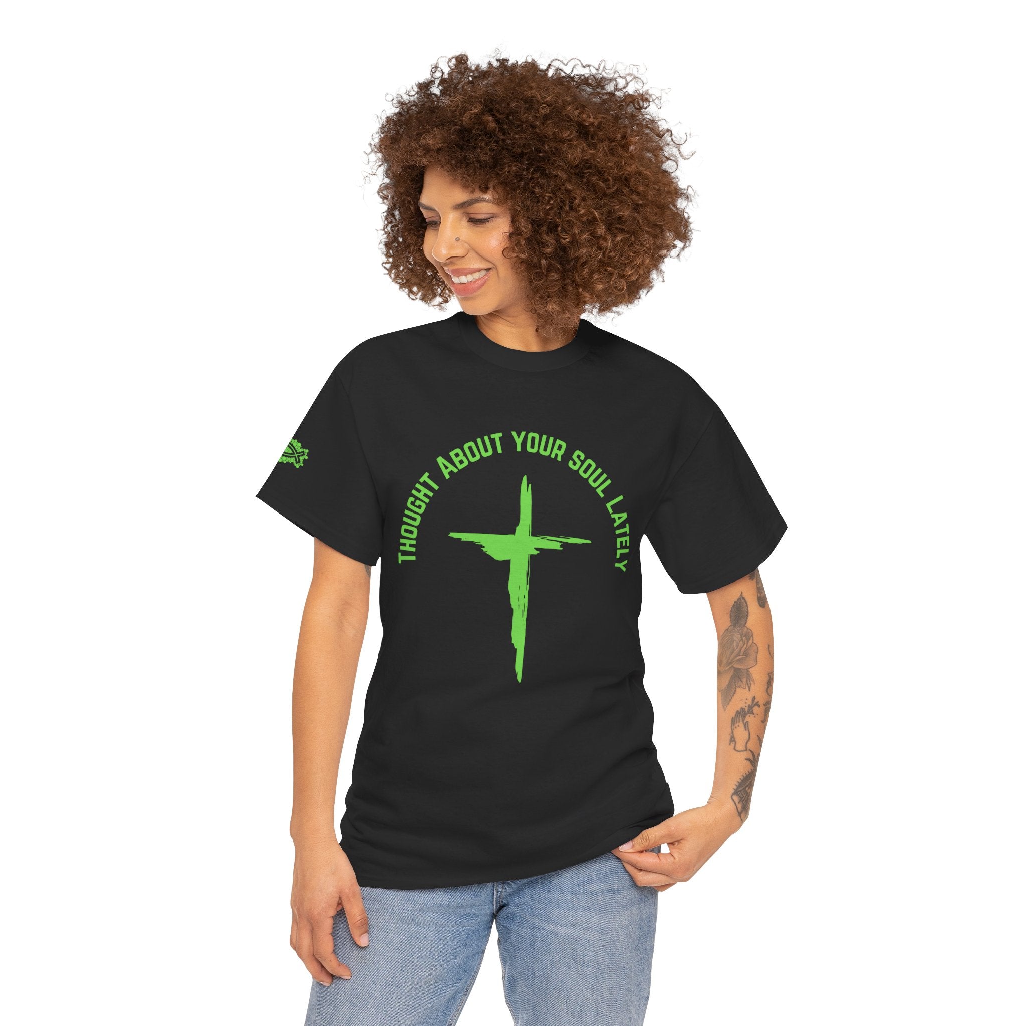 “Thought About Your Soul Lately” Cross Tee — Neon Green Spiritual Graphic T-Shirt