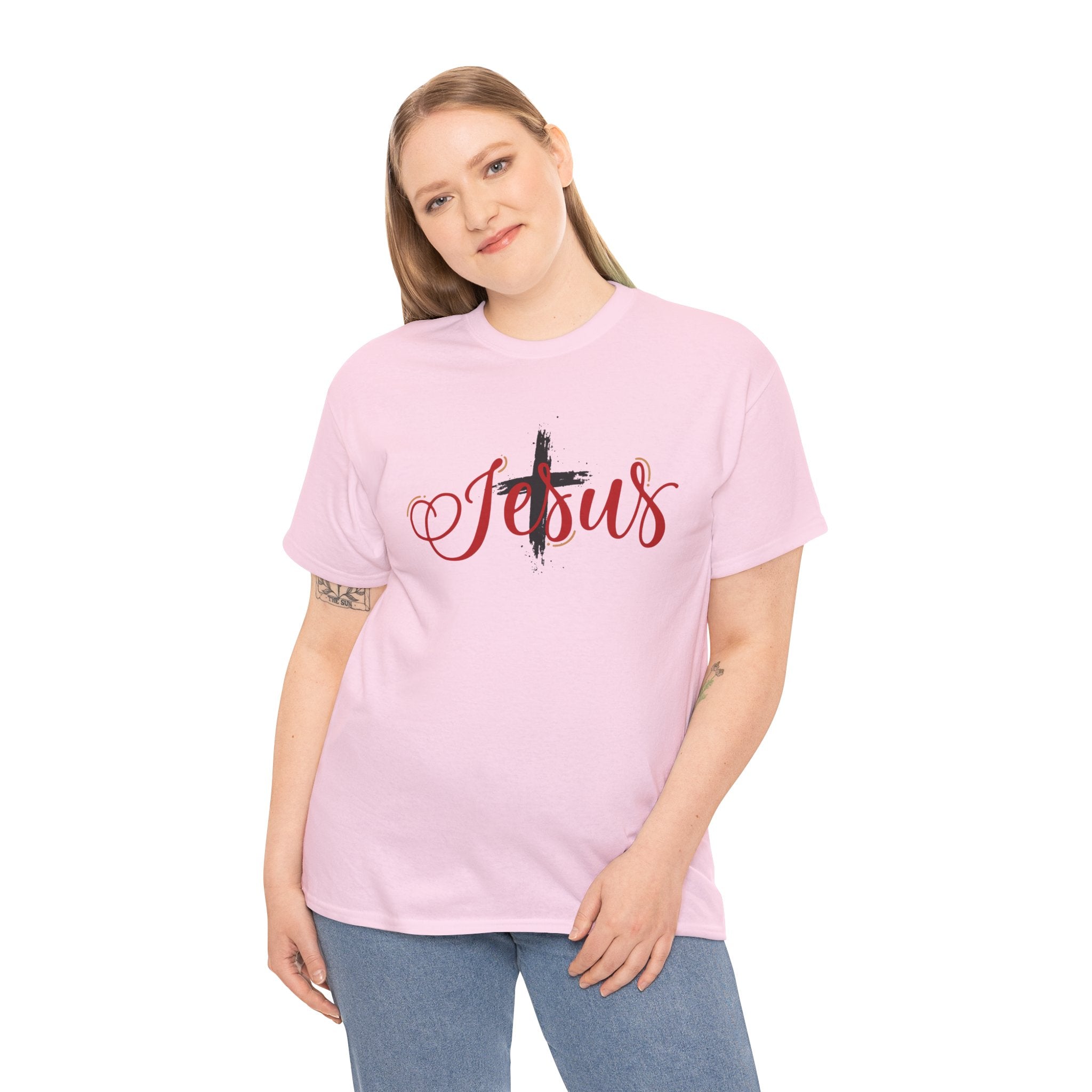 Jesus Cross T-Shirt — Red Brushstroke Faith Tee with Scripture Back (John 14:6)