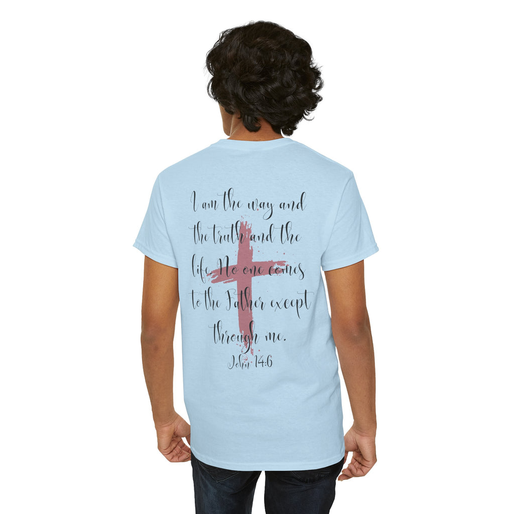 Jesus Cross T-Shirt — Red Brushstroke Faith Tee with Scripture Back (John 14:6)