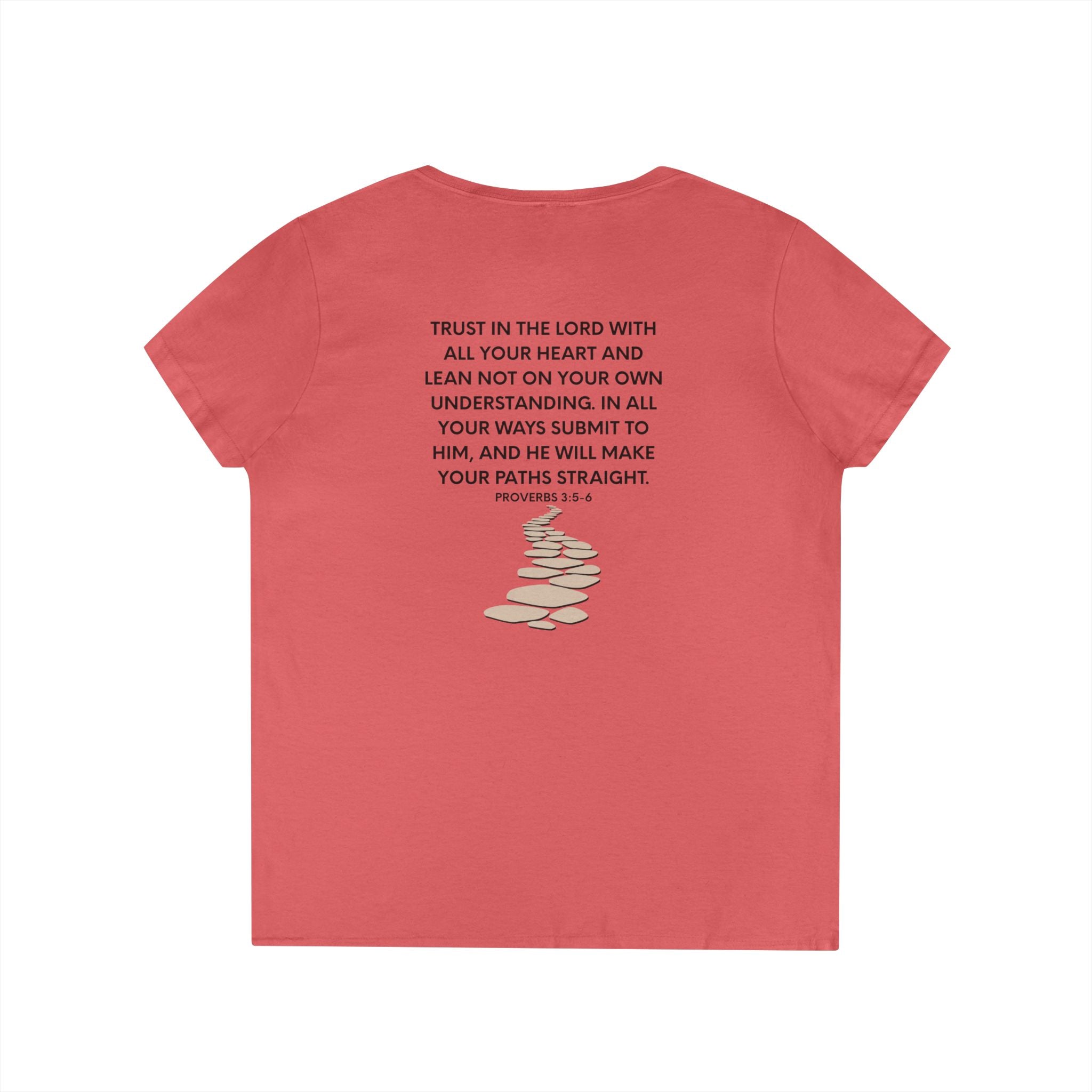 Ladies' V-Neck T-Shirt — Heart "TRUST" Faith Tee with Proverbs 3:5 Back Design