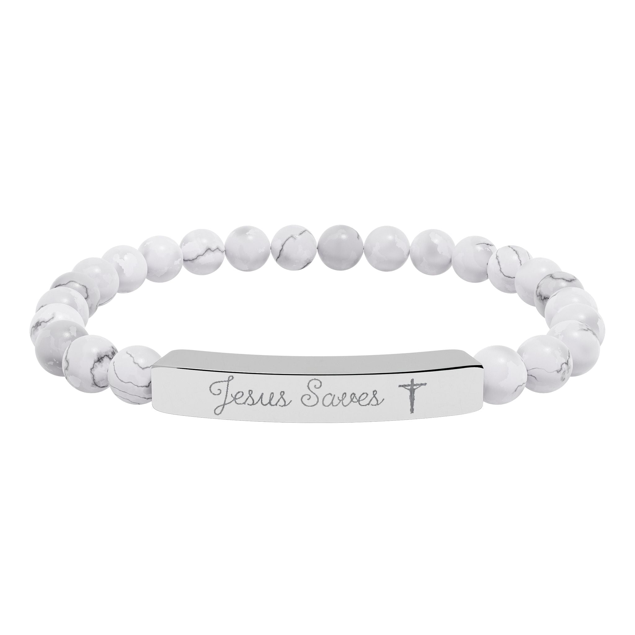 Engraved Natural Stone Stretch Bracelet — Personalized Bar Bead Bracelet ("Jesus Loves")