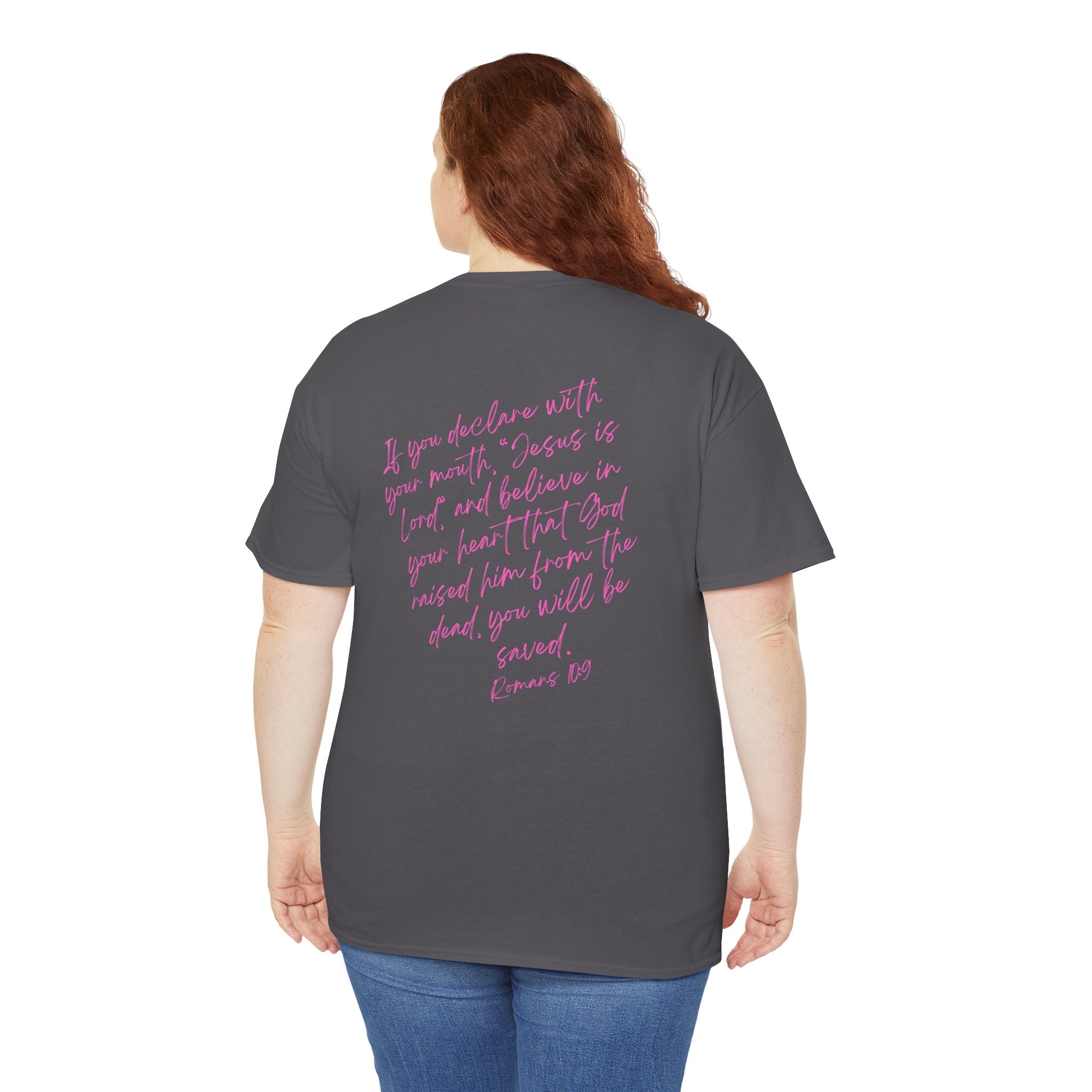 Saved T‑Shirt — Pink Script Faith Tee with Inspiring Back Verse