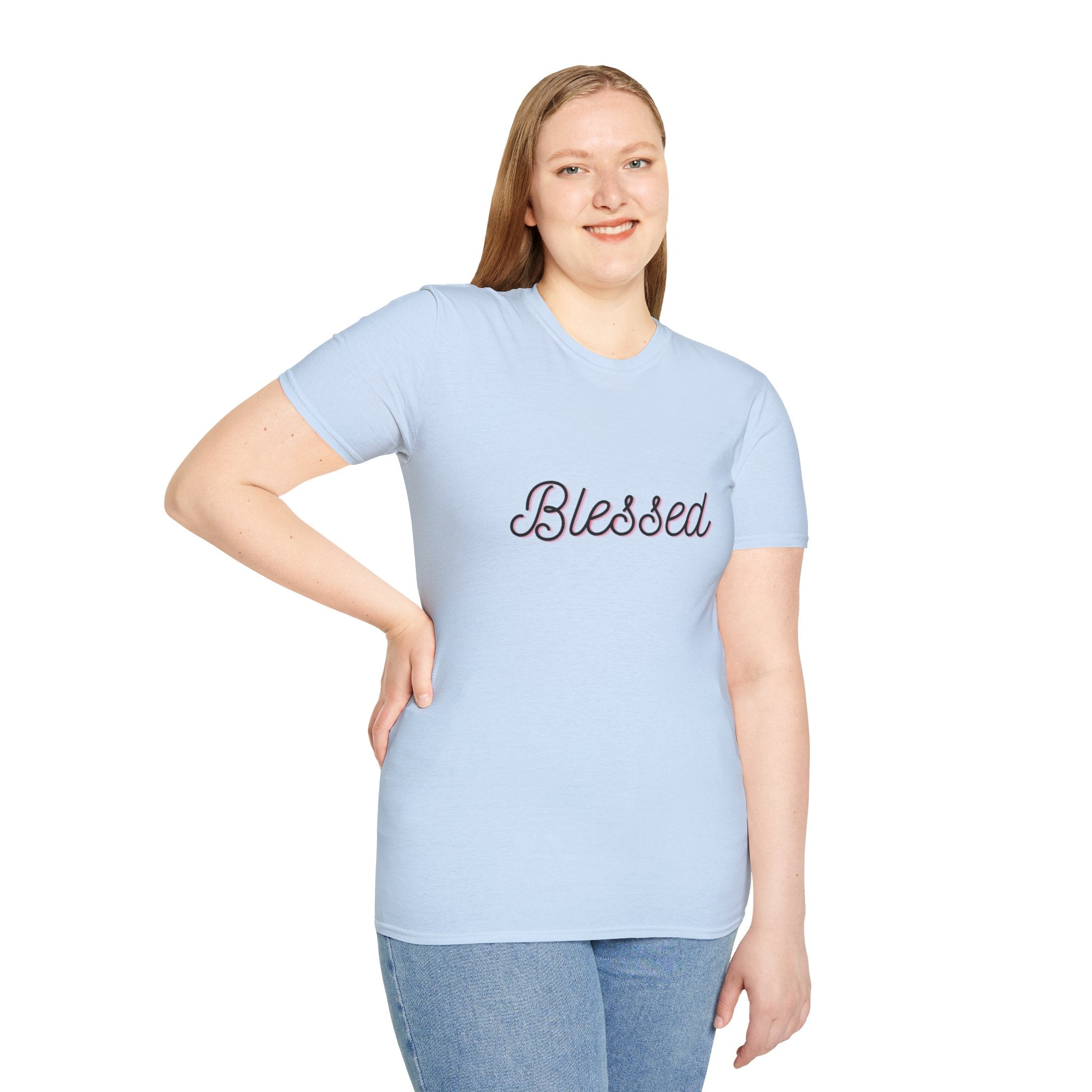 Blessed Script T‑Shirt — Inspirational "Blessed" Tee with Back Verse (Don't Worry)