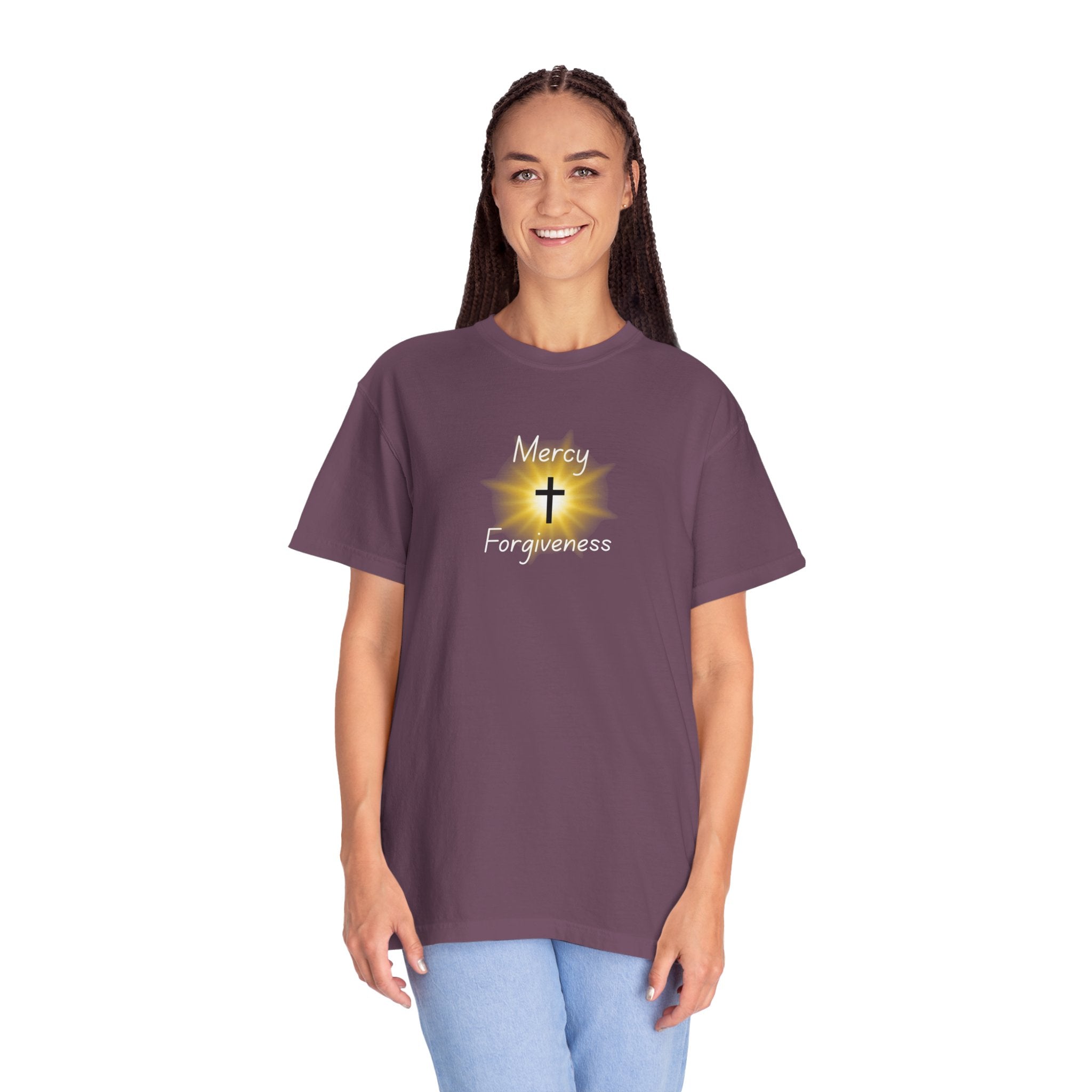 Christian Mercy & Forgiveness T-Shirt — Scripture Cross Back Design