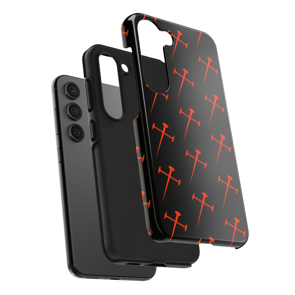 Black Tough Phone Case with Orange Nail Cross Pattern