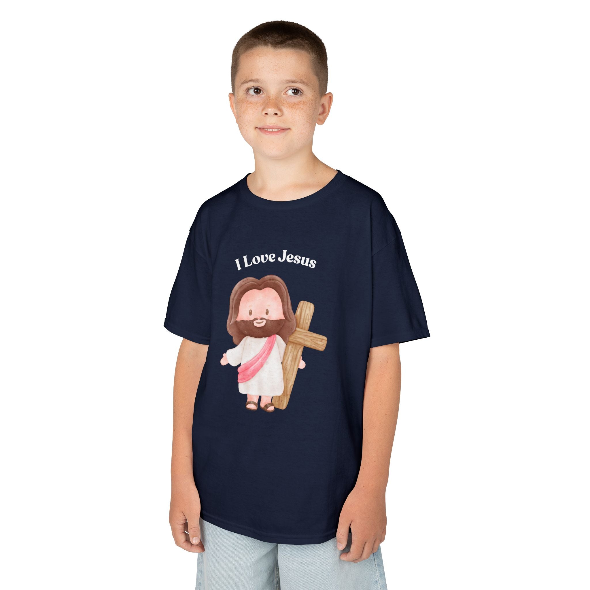 Kids T-Shirt — Cute "I Love Jesus" Cartoon Jesus Holding Cross — Christian Easter Gift for Children