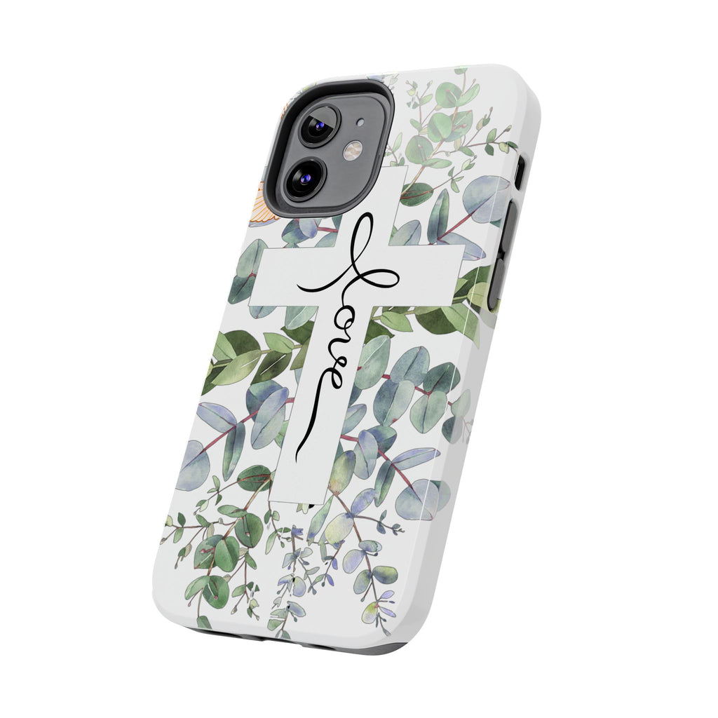 Religious Cross Tough Phone Case — Eucalyptus Floral "Love" Design