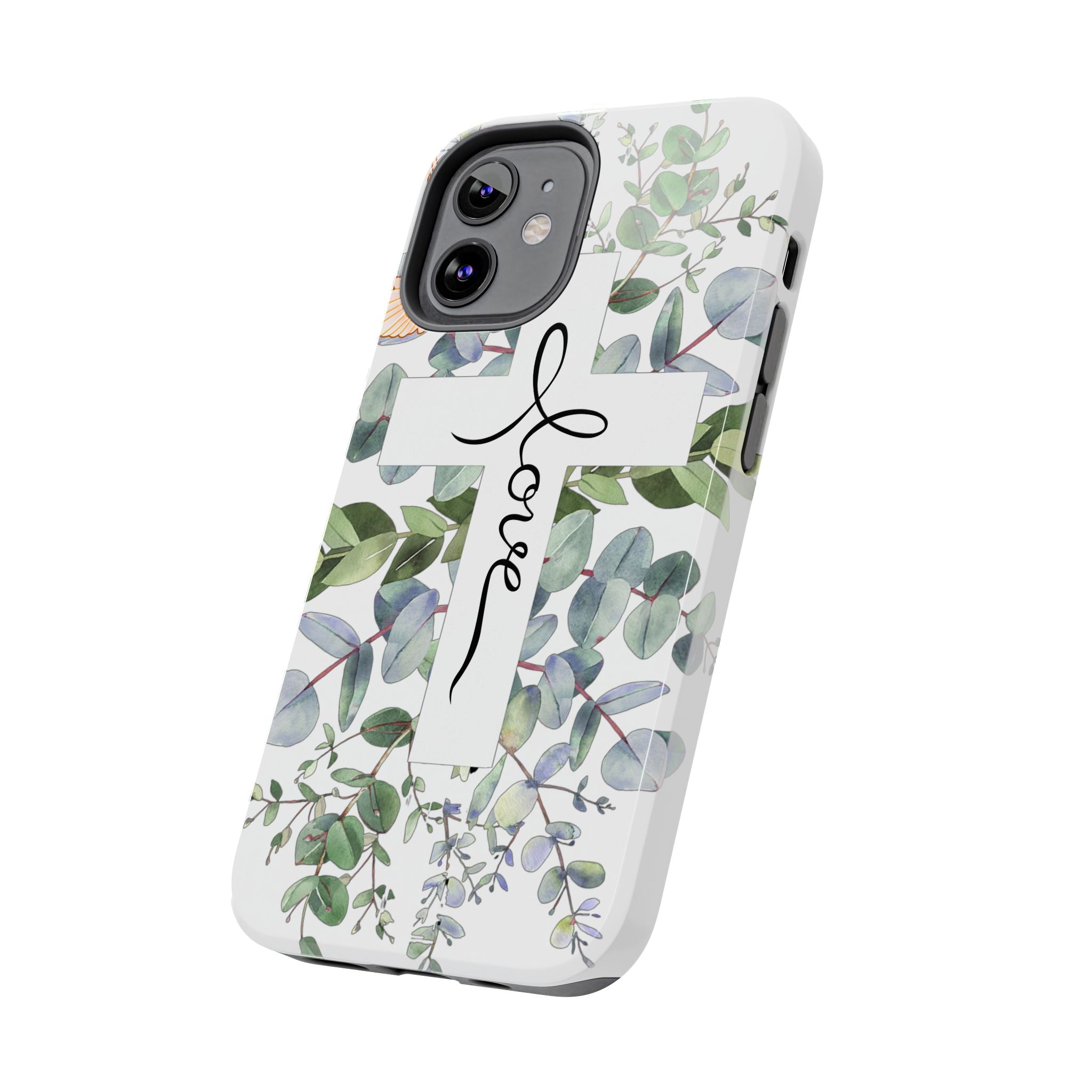 Religious Cross Tough Phone Case — Eucalyptus Floral "Love" Design