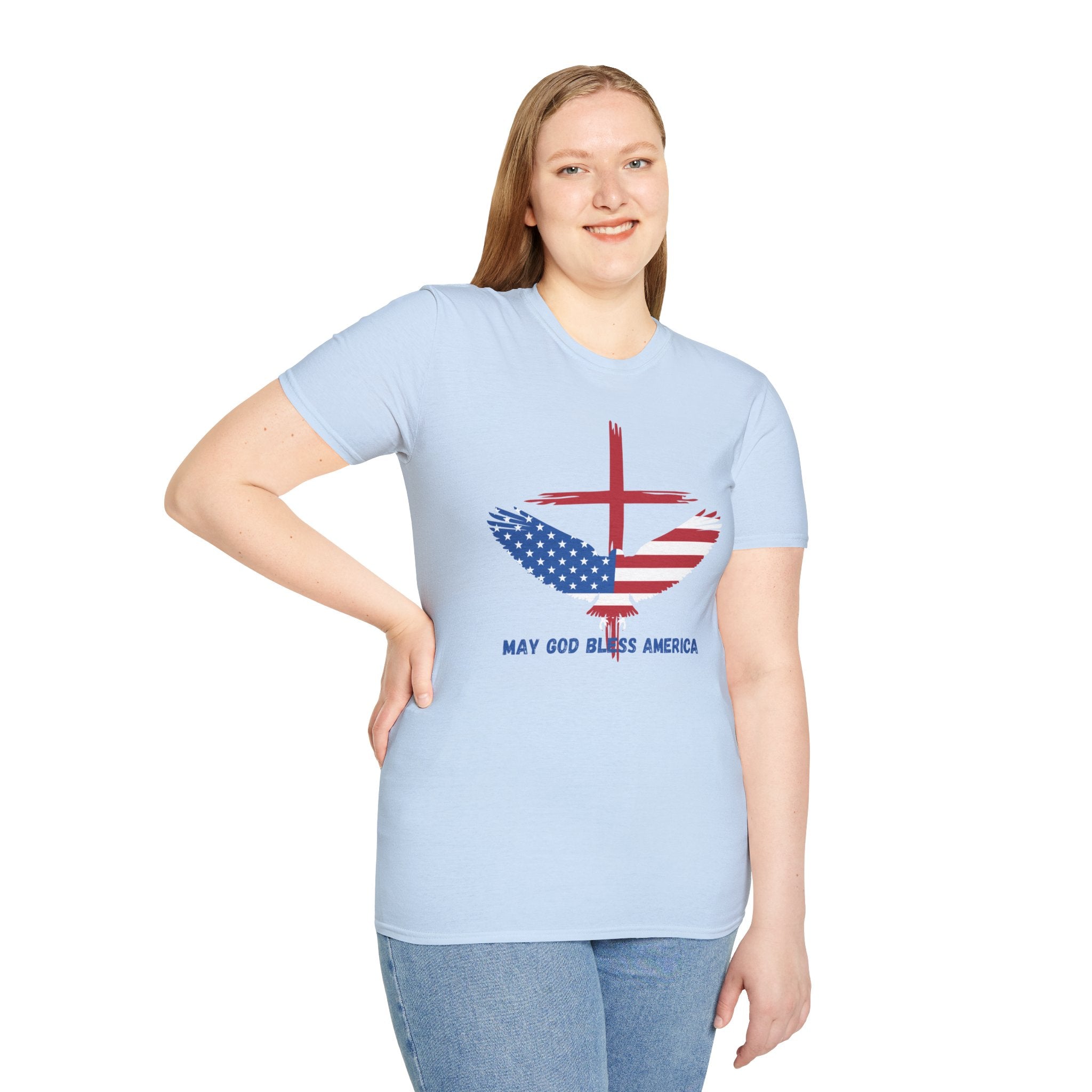 Patriotic Eagle T-Shirt — "May God Bless America" Flag Cross Graphic