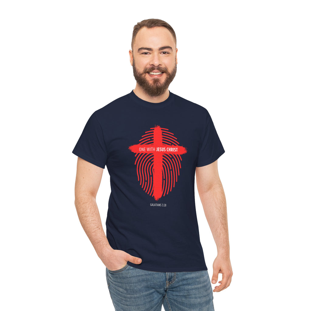 Christian T‑Shirt — "One with Jesus Christ" Red Cross Fingerprint Design