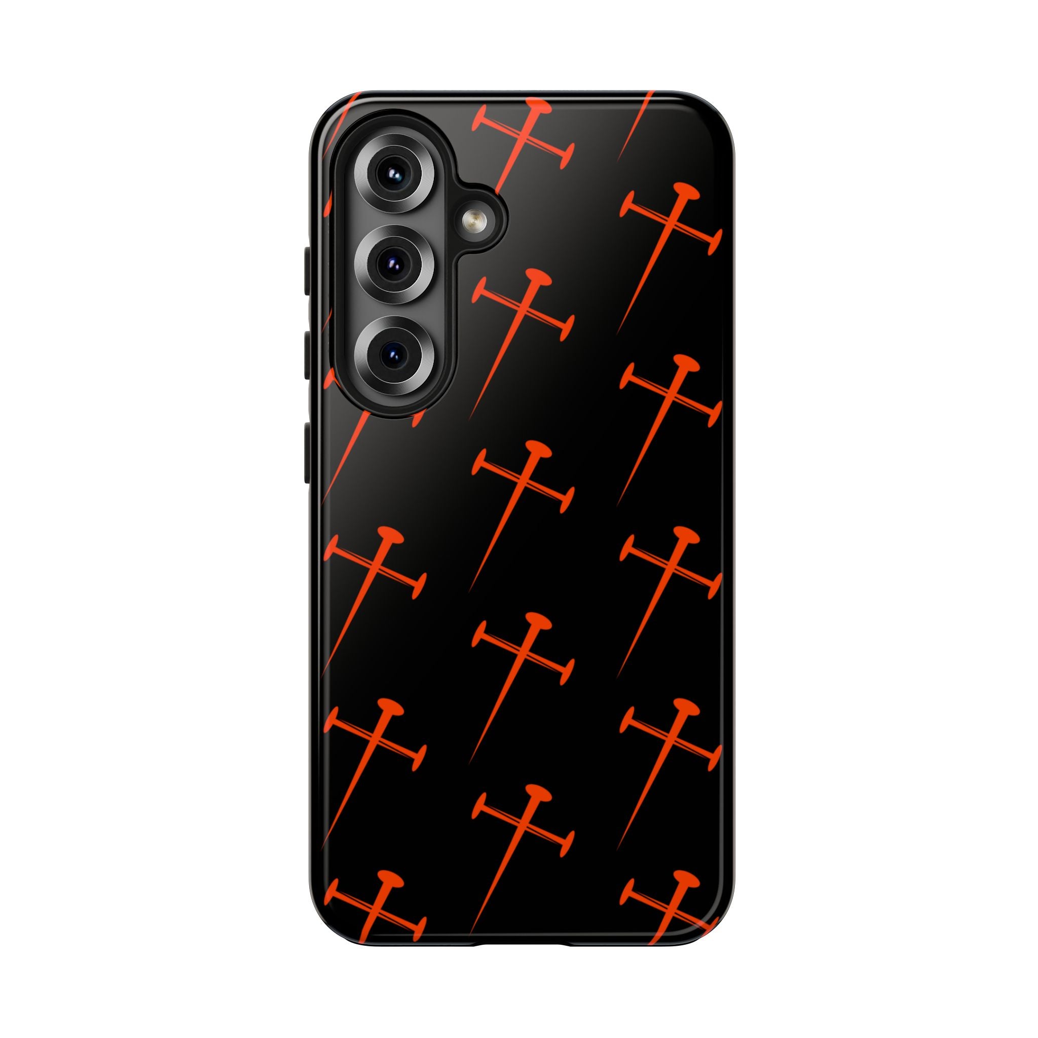 Black Tough Phone Case with Orange Nail Cross Pattern