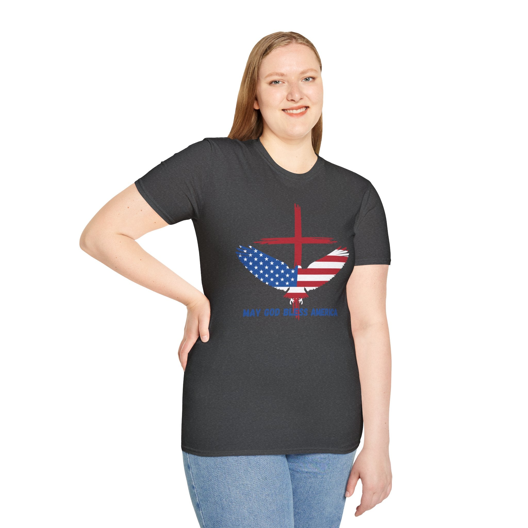 Patriotic Eagle T-Shirt — "May God Bless America" Flag Cross Graphic