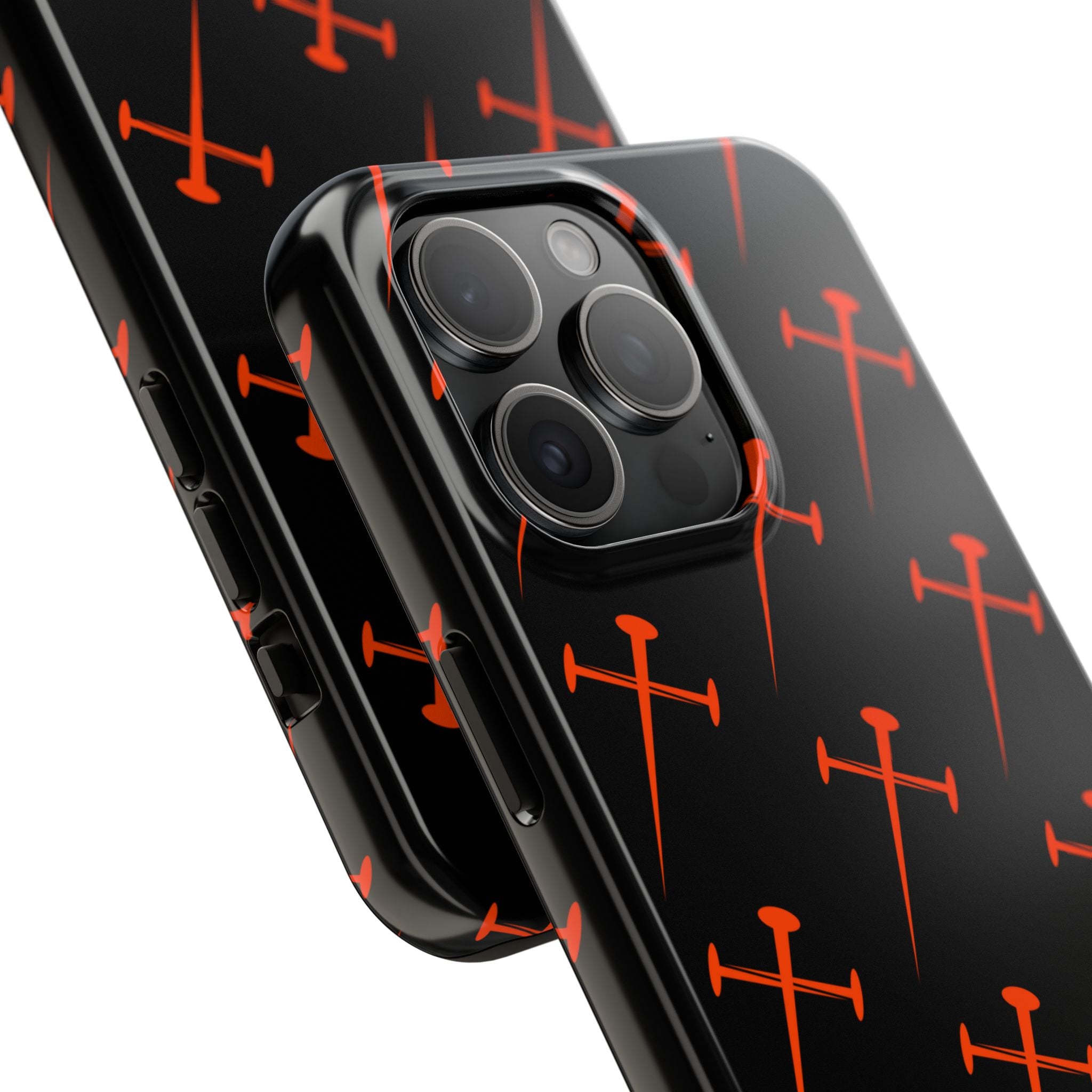 Black Tough Phone Case with Orange Nail Cross Pattern