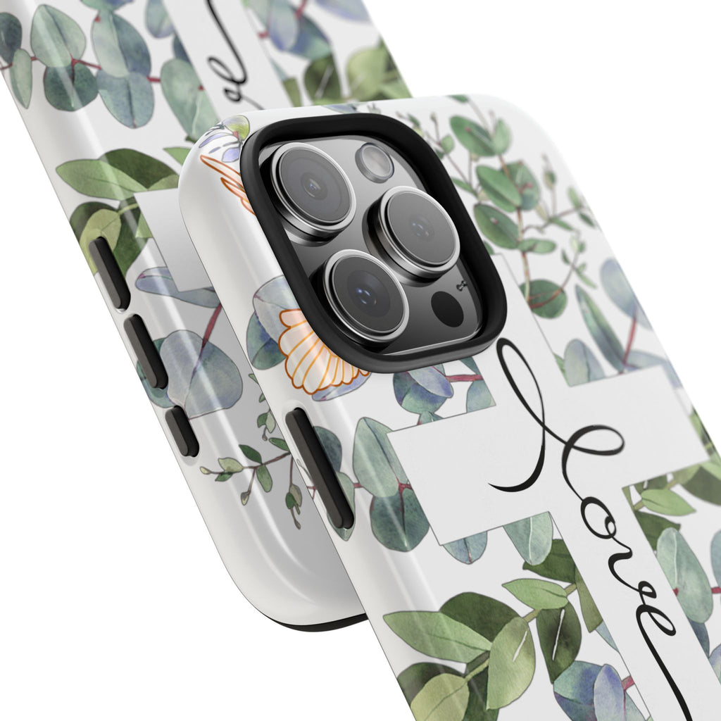 Religious Cross Tough Phone Case — Eucalyptus Floral "Love" Design