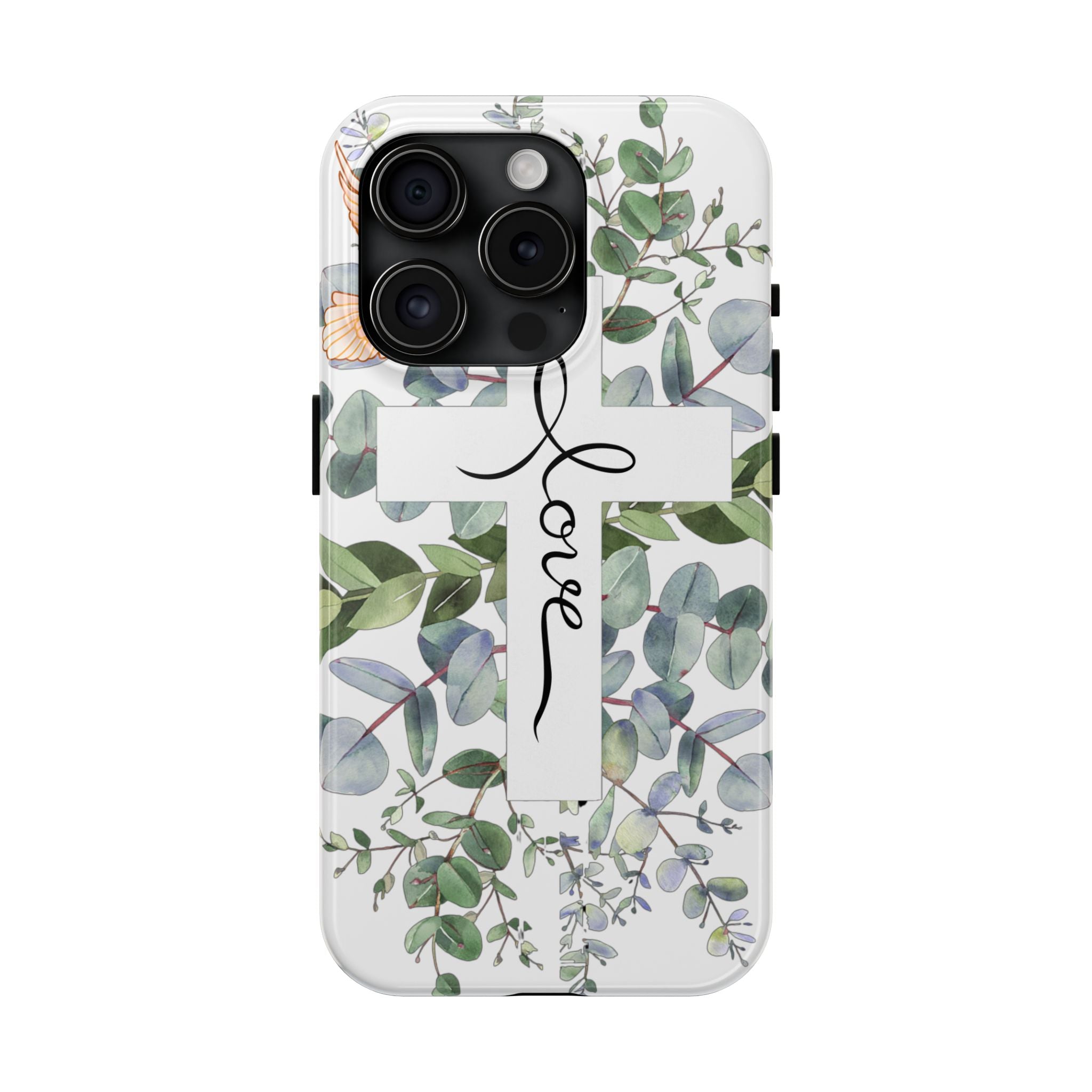 Religious Cross Tough Phone Case — Eucalyptus Floral "Love" Design