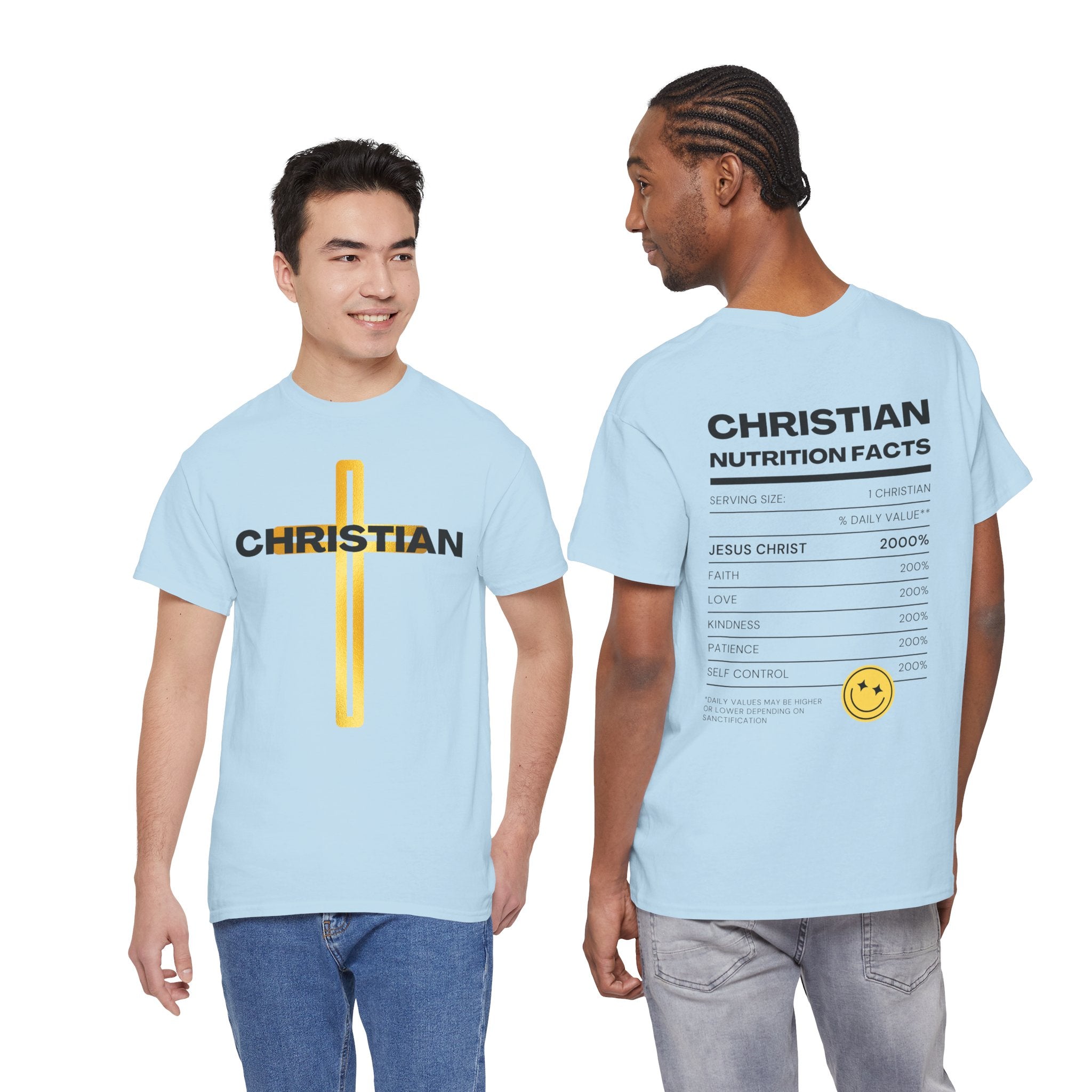 Christian Nutrition Facts Tee — Faith-Based Graphic T-Shirt with Cross & Nutrition Label Back