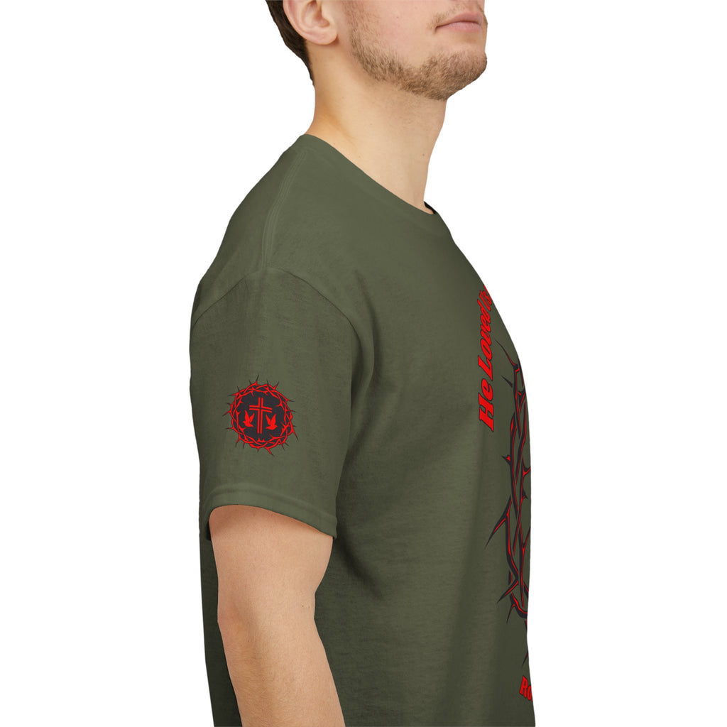 He Loved Us So He Died For Us Tee — Christian Faith T-Shirt with Crown of Thorns Cross Design Romans 5:8
