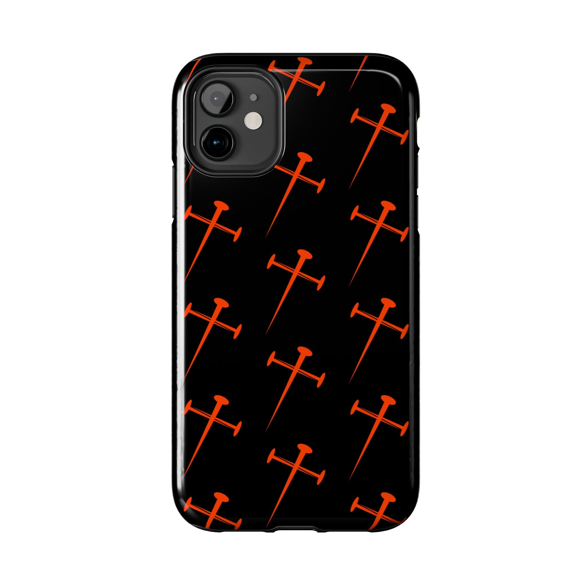 Black Tough Phone Case with Orange Nail Cross Pattern