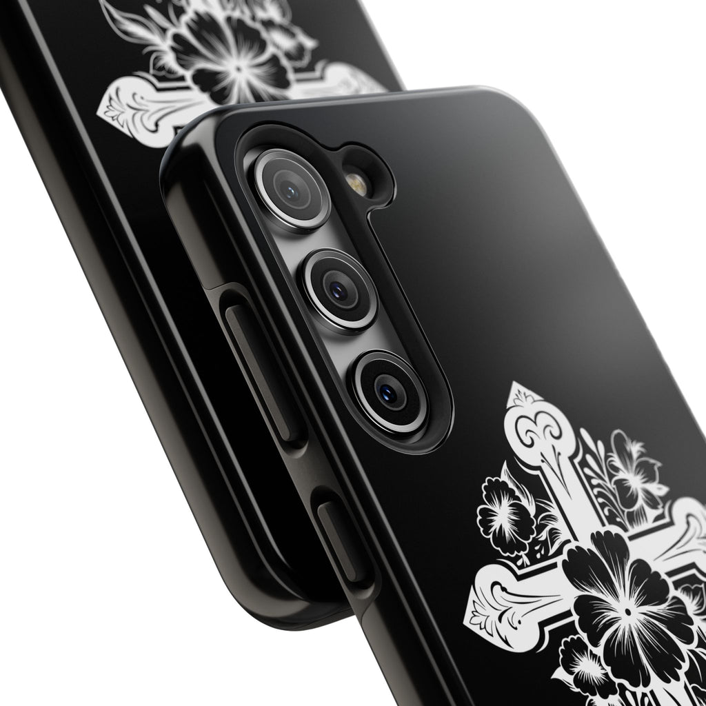 Floral Cross Tough Phone Case — Black Protective Christian Phone Cover