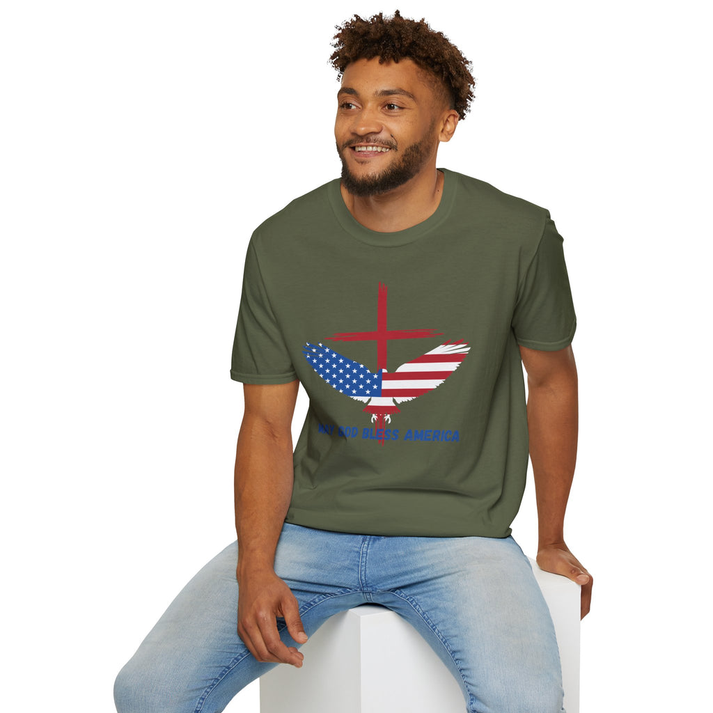 Patriotic Eagle T-Shirt — "May God Bless America" Flag Cross Graphic