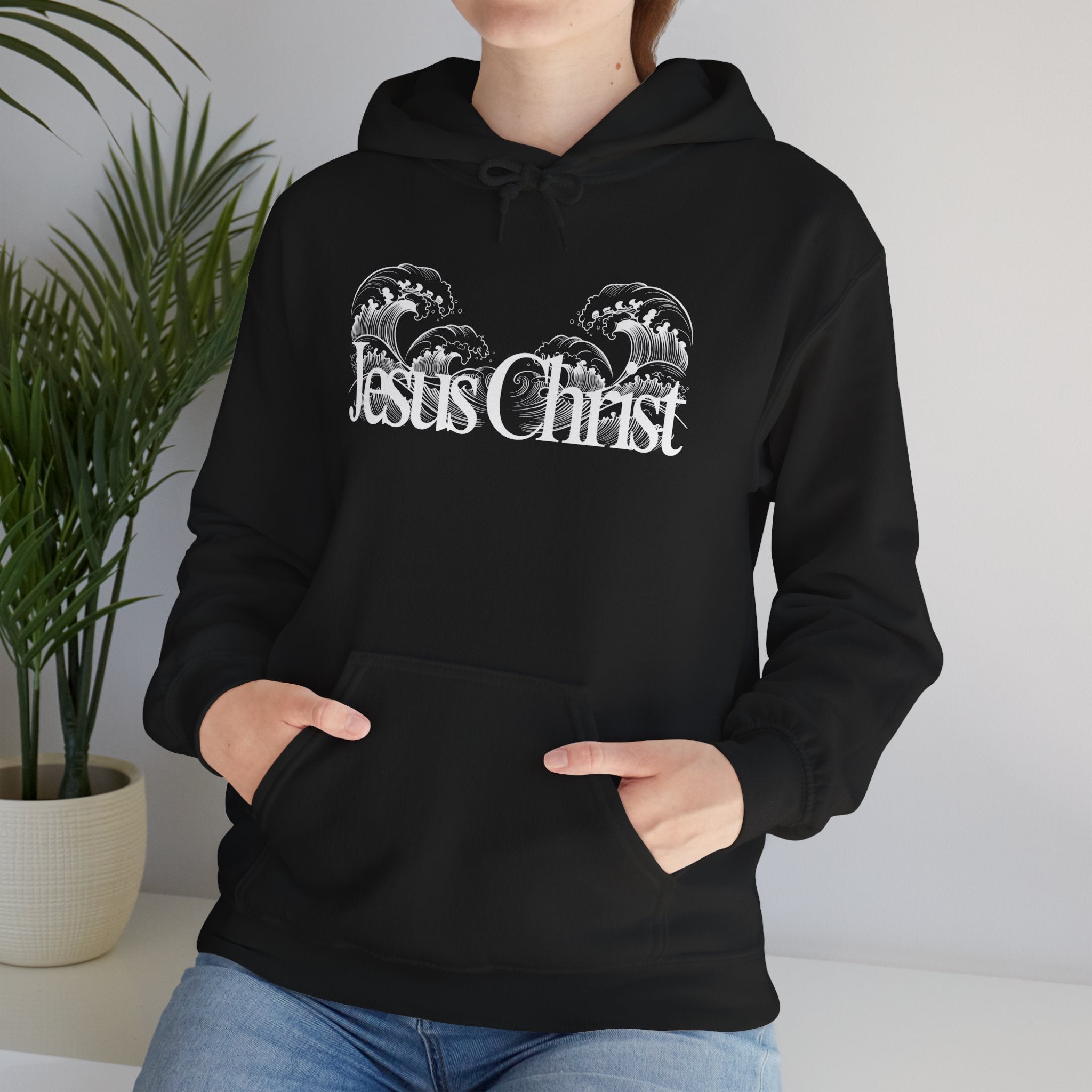 Jesus Christ Hoodie — Wave Graphic with Scripture Back (Faith-Based Christian Sweatshirt)