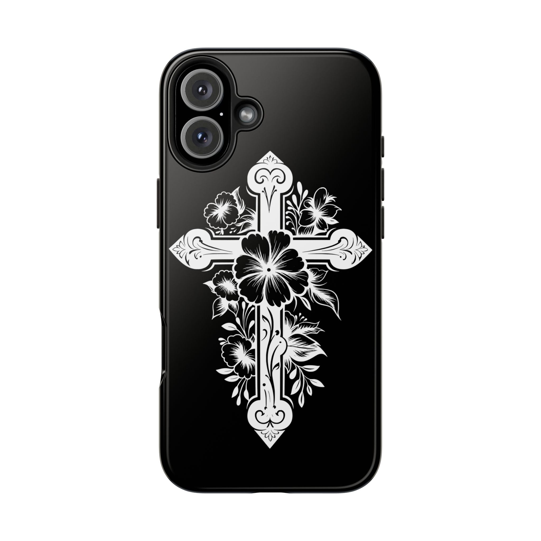 Floral Cross Tough Phone Case — Black Protective Christian Phone Cover