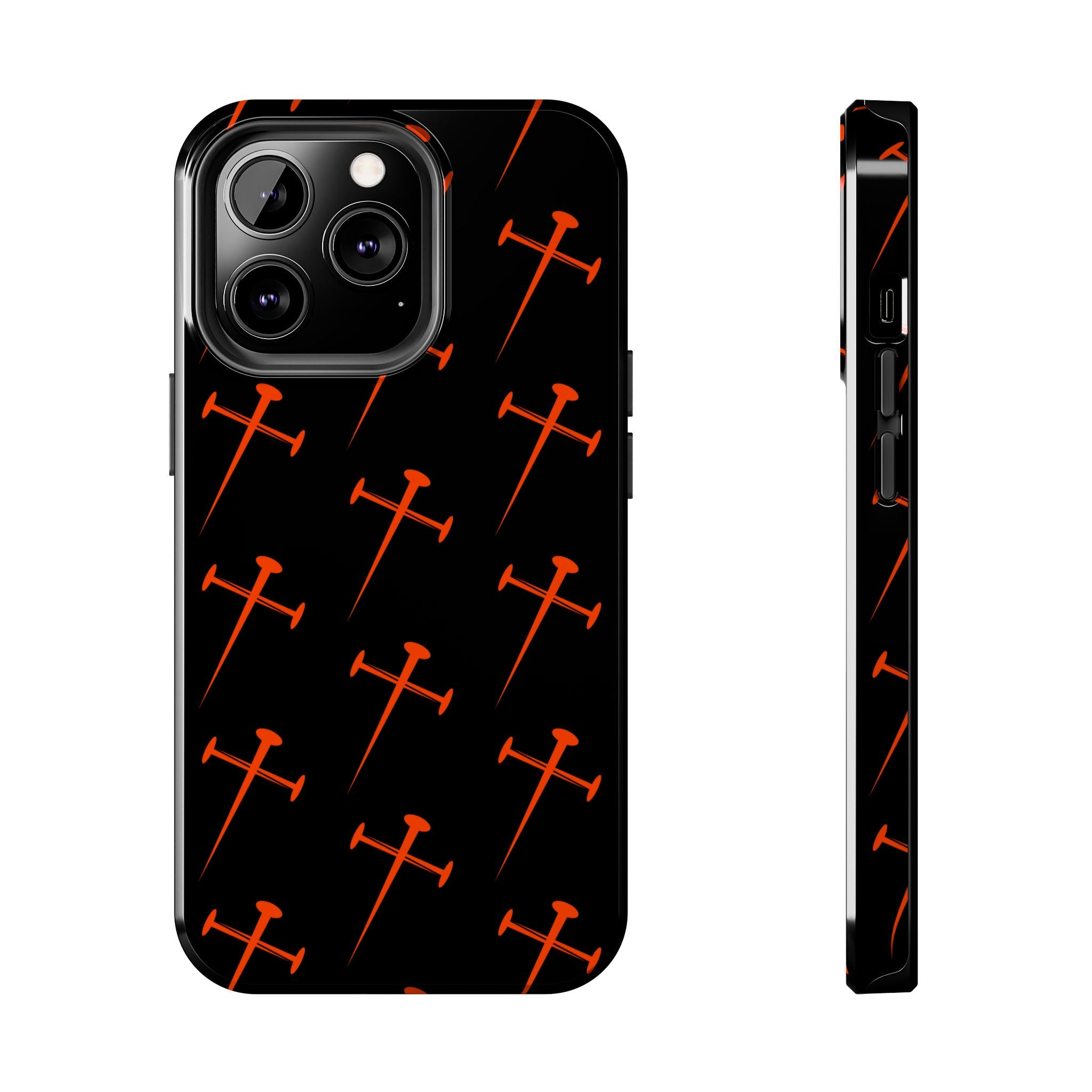 Black Tough Phone Case with Orange Nail Cross Pattern