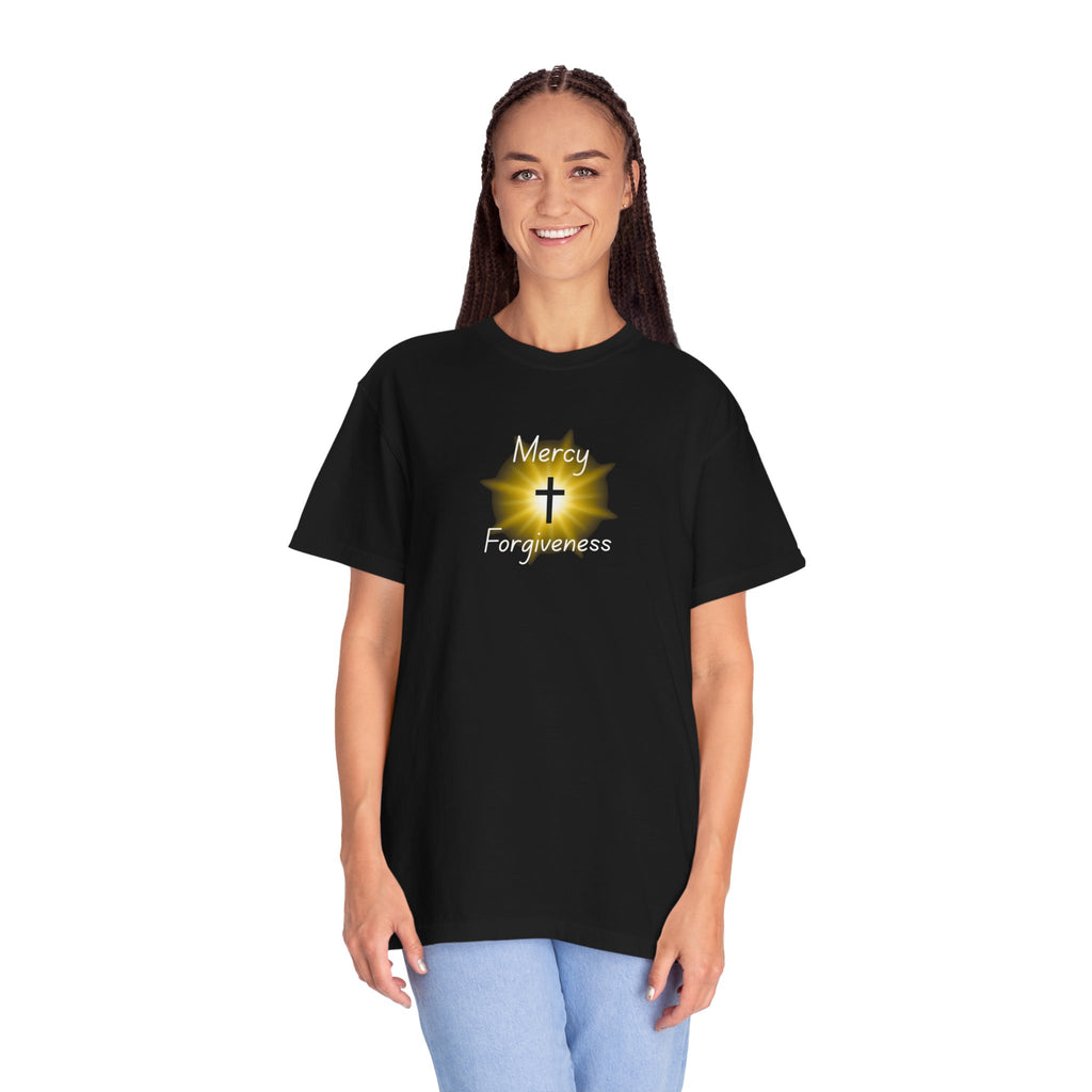 Christian Mercy & Forgiveness T-Shirt — Scripture Cross Back Design