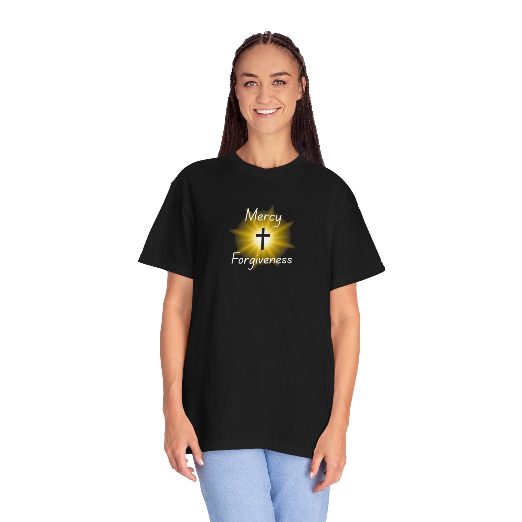 Christian Mercy & Forgiveness T-Shirt — Scripture Cross Back Design