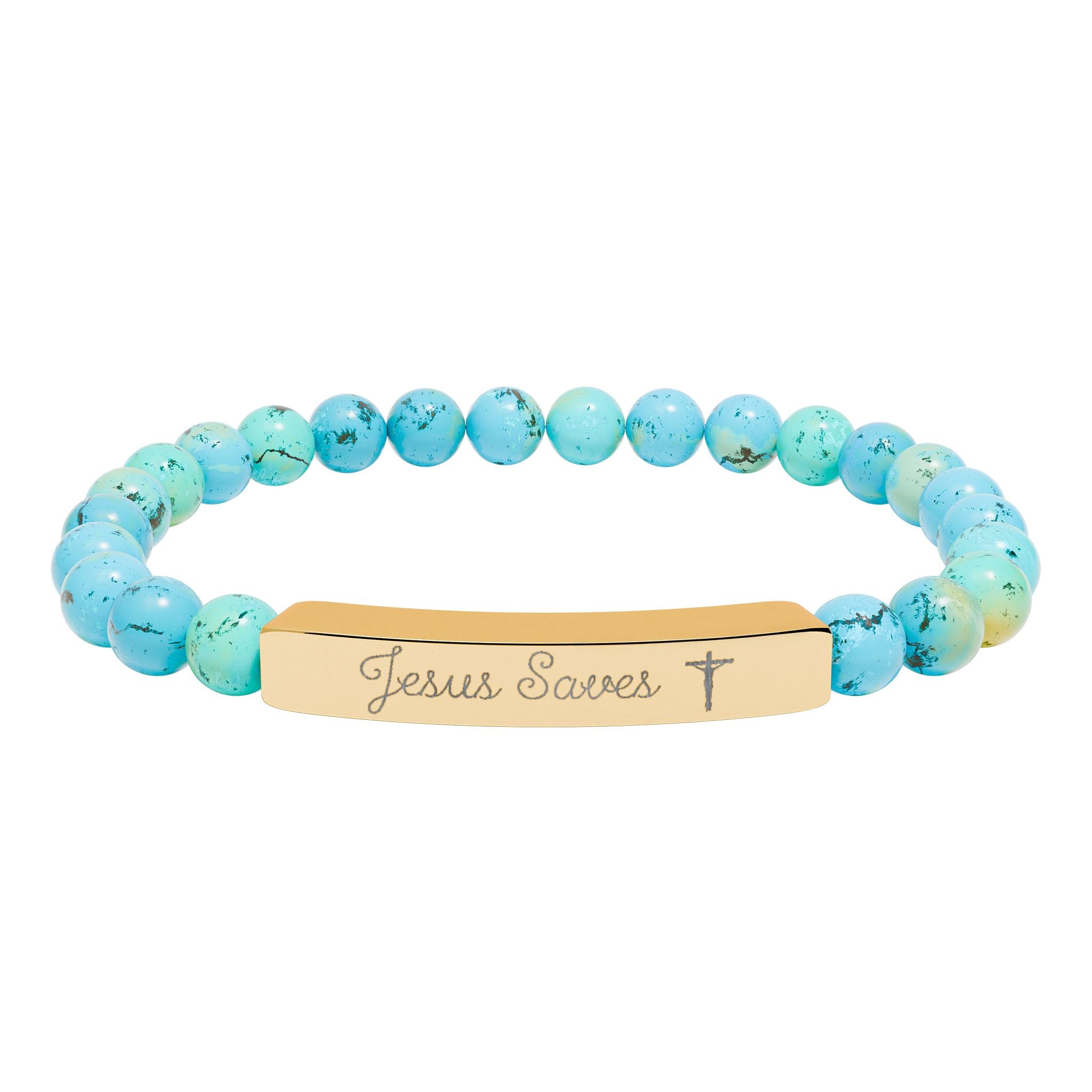 Engraved Natural Stone Stretch Bracelet — Personalized Bar Bead Bracelet ("Jesus Loves")