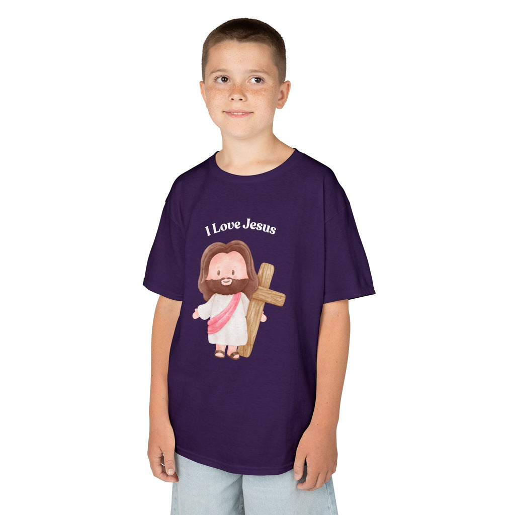 Kids T-Shirt — Cute "I Love Jesus" Cartoon Jesus Holding Cross — Christian Easter Gift for Children