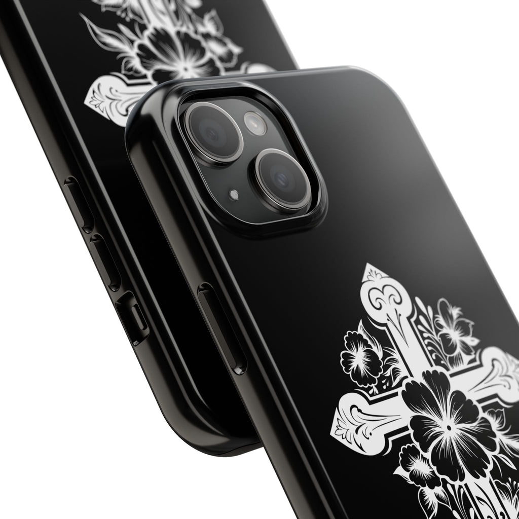 Floral Cross Tough Phone Case — Black Protective Christian Phone Cover
