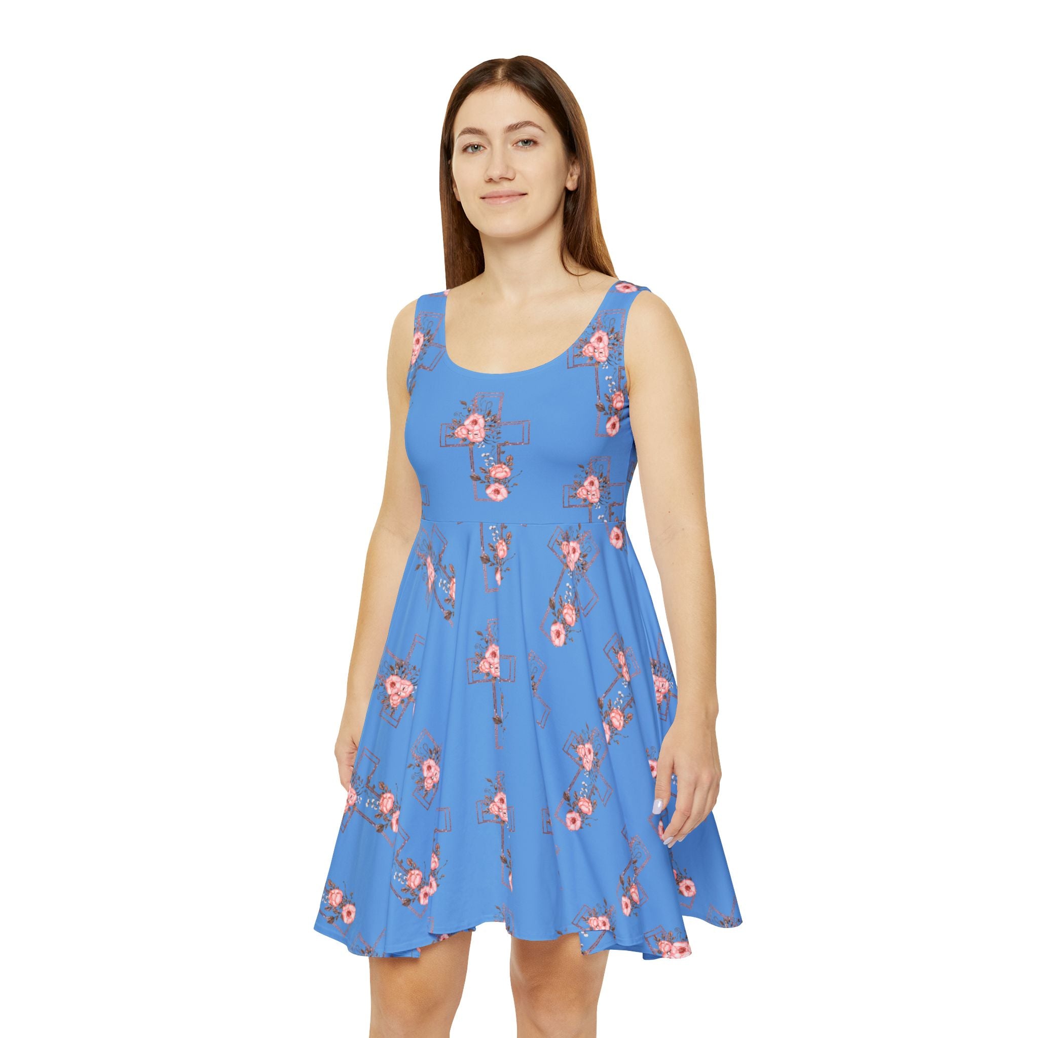 Blue Floral and Cross Skater Dress — Pink Blossom and Cross Sundress