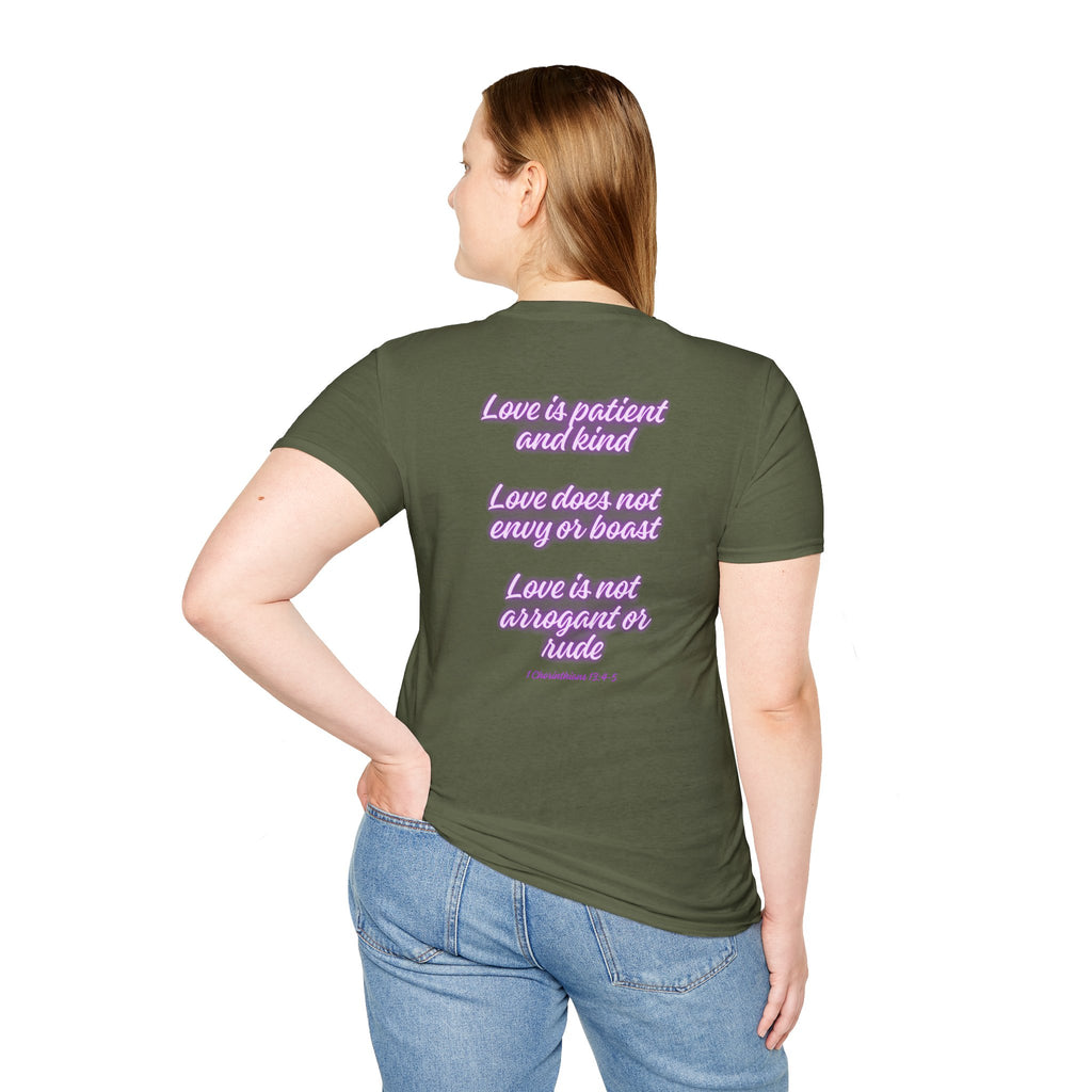 Love Purple Scripture Tee — "Love is patient and kind" Christian T-Shirt