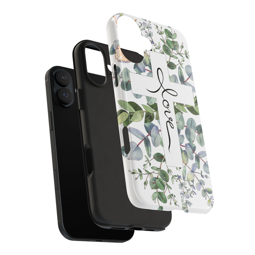 Religious Cross Tough Phone Case — Eucalyptus Floral "Love" Design