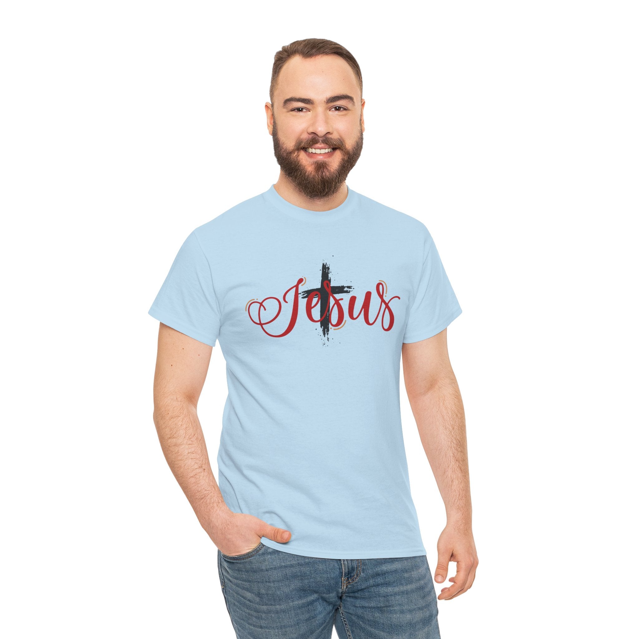 Jesus Cross T-Shirt — Red Brushstroke Faith Tee with Scripture Back (John 14:6)