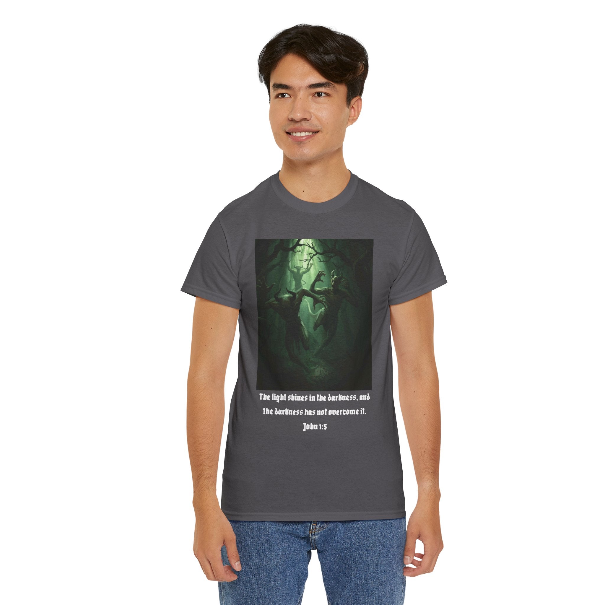 Christian Forest Art T-Shirt — "The light shines in the darkness" (John 1:5)