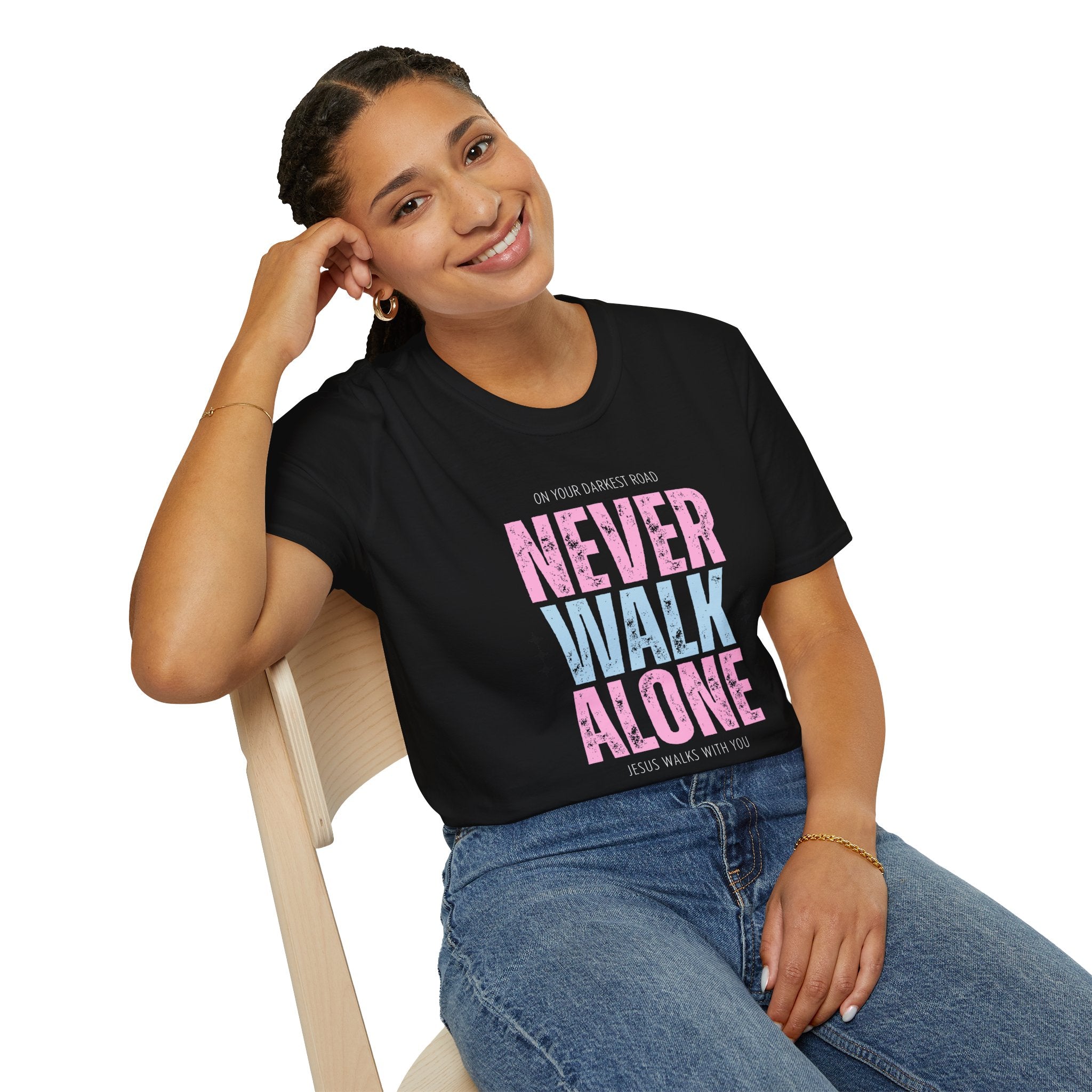 Never Walk Alone Jesus Walks With You T-Shirt — Pastel Pink & Blue Inspirational Tee