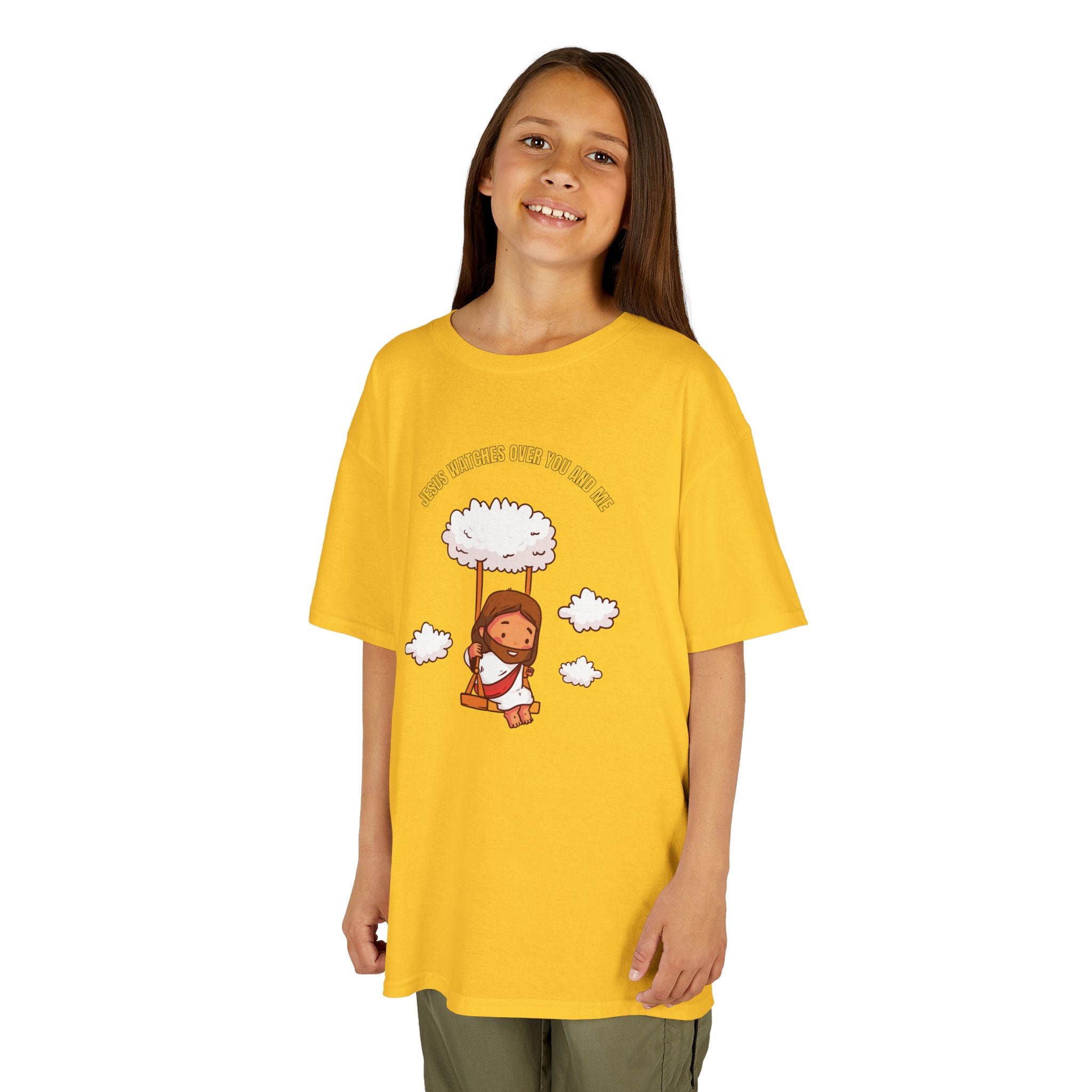 Kids Tee — Cute Jesus on Swing Under Cloud "Jesus Watches Over You and Me"