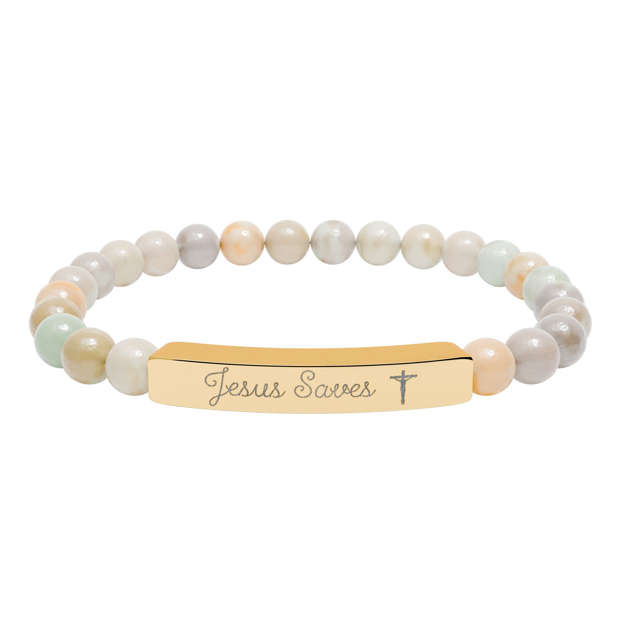 Engraved Natural Stone Stretch Bracelet — Personalized Bar Bead Bracelet ("Jesus Loves")