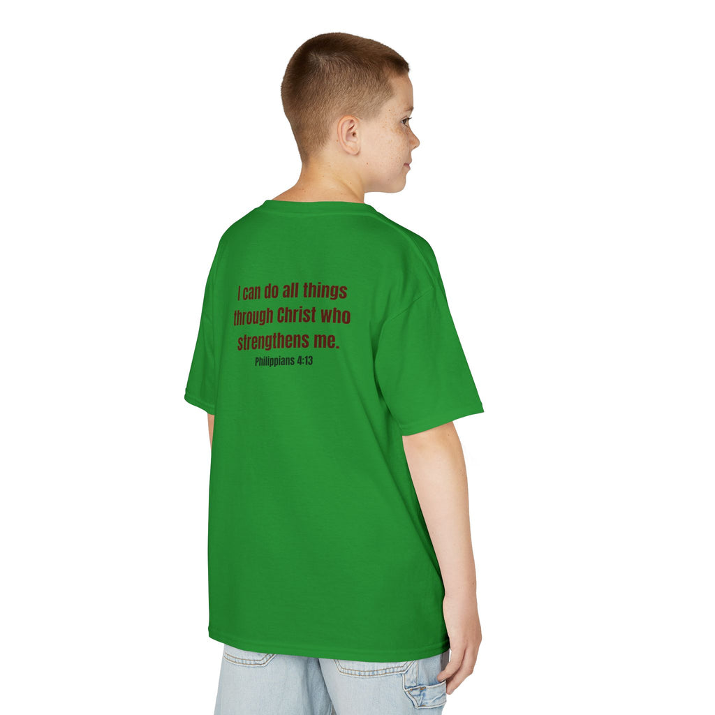 Kids Tee — "Strong" Muscle Graphic with Philippians 4:13 Back (Christian Inspirational)