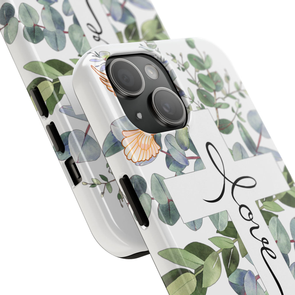 Religious Cross Tough Phone Case — Eucalyptus Floral "Love" Design