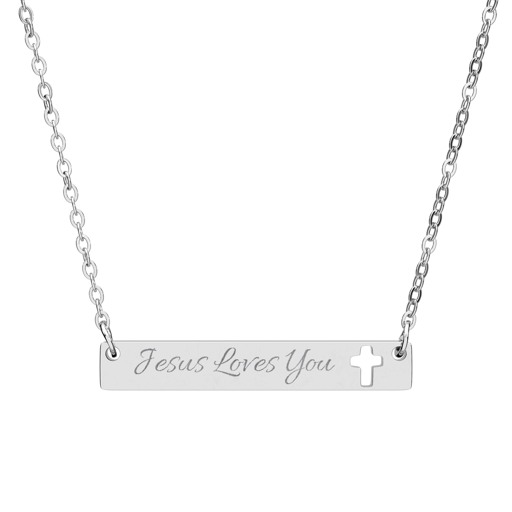 Engraved Cutout Cross Bar Necklace — "Jesus Loves You"