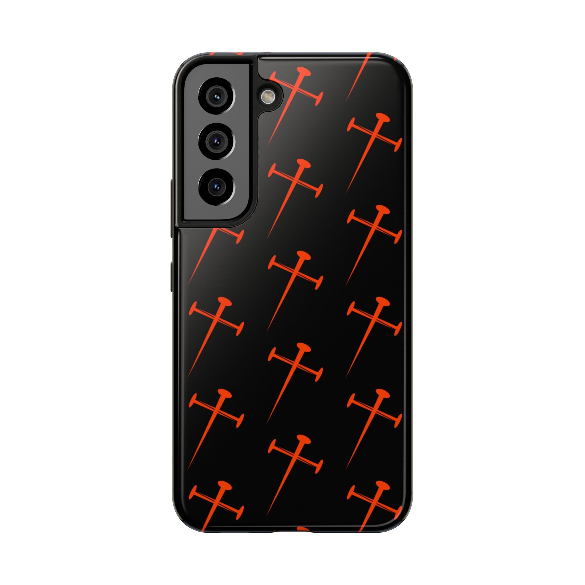 Black Tough Phone Case with Orange Nail Cross Pattern