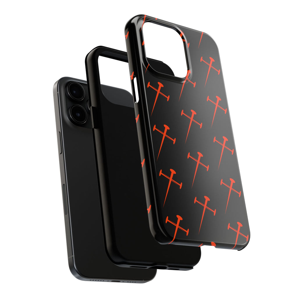 Black Tough Phone Case with Orange Nail Cross Pattern